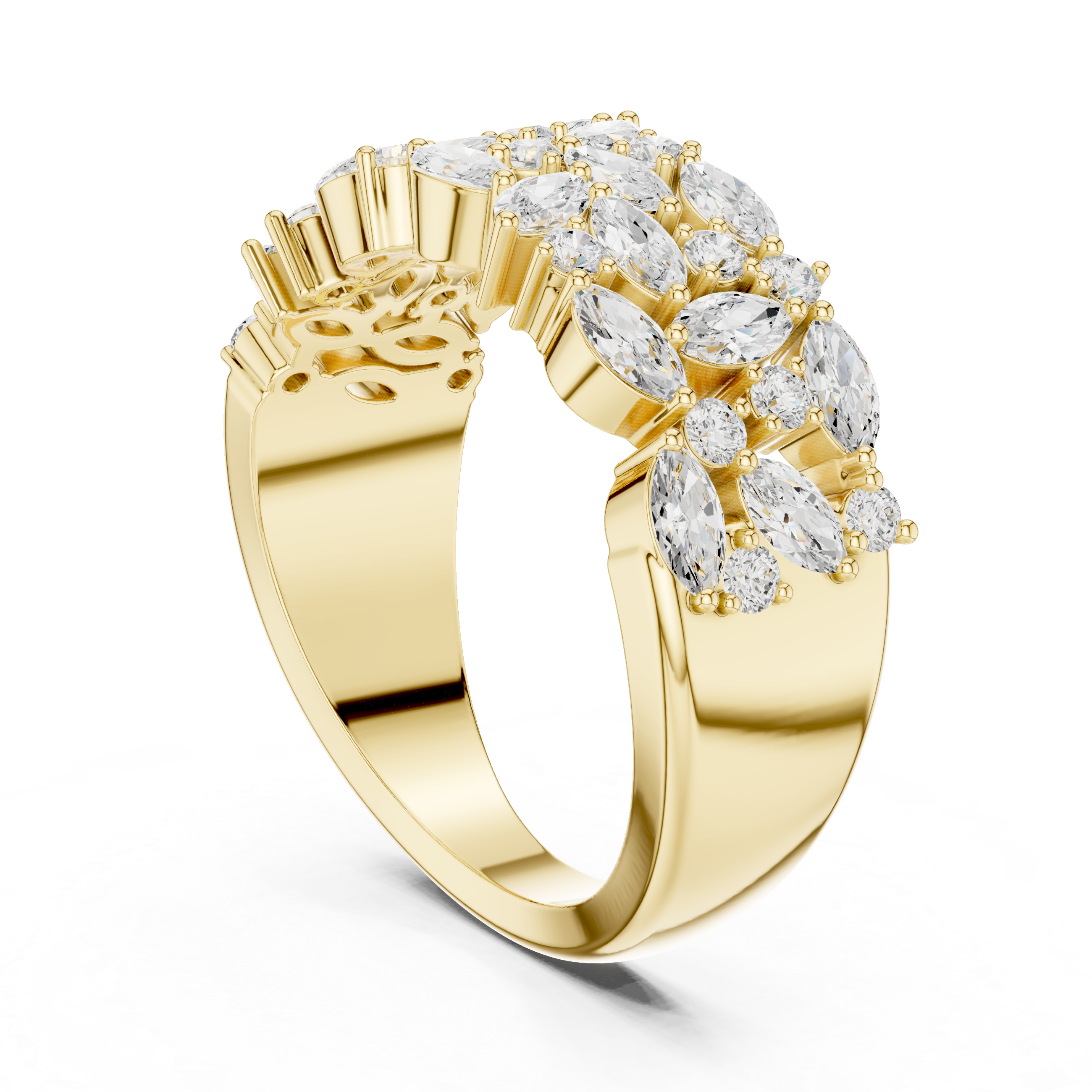 Solid Gold Marquise & Round Cut Diamond Cluster Band