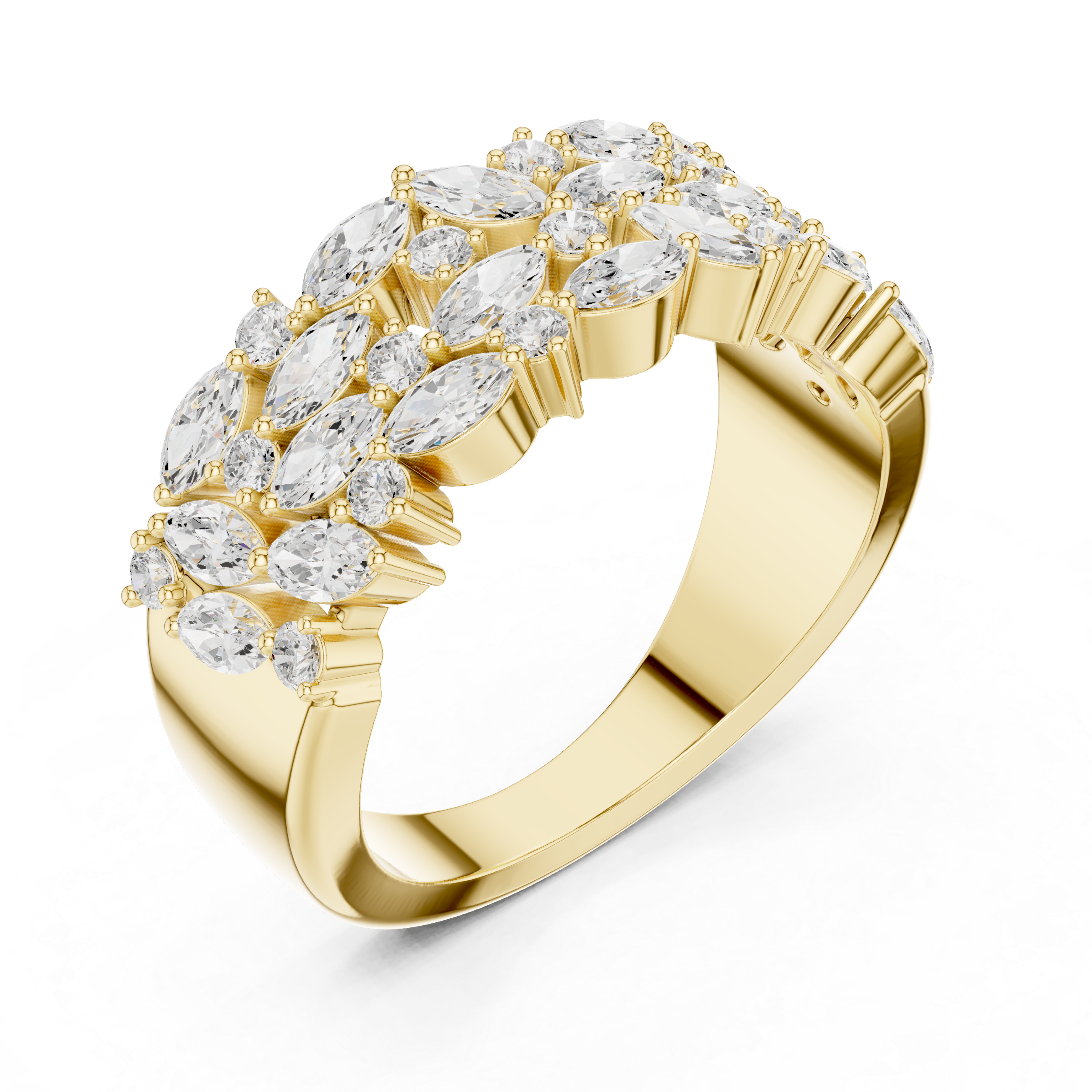 Solid Gold Marquise & Round Cut Diamond Cluster Band