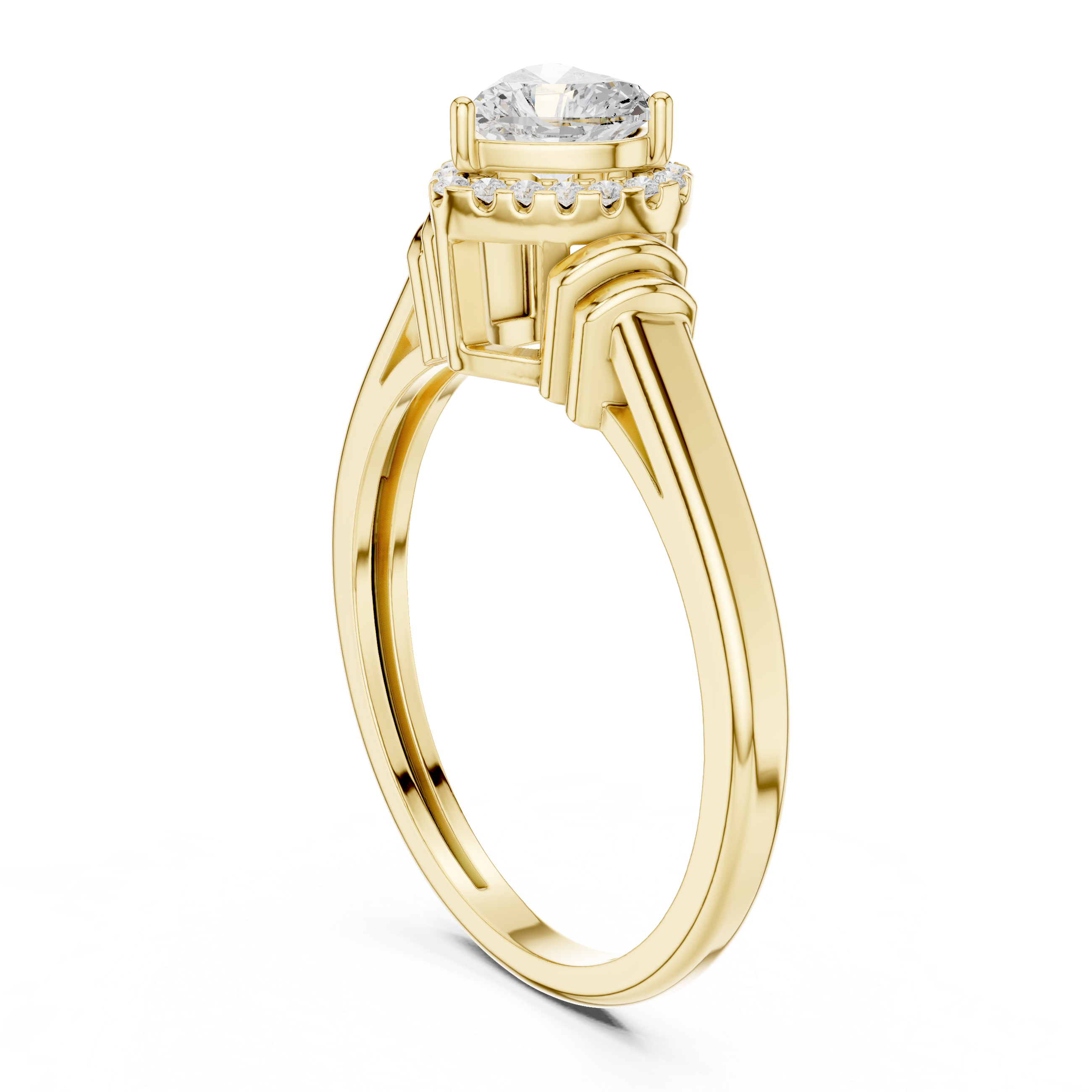 Solid Gold Heart Cut Diamond Halo Architectural Engagement Ring