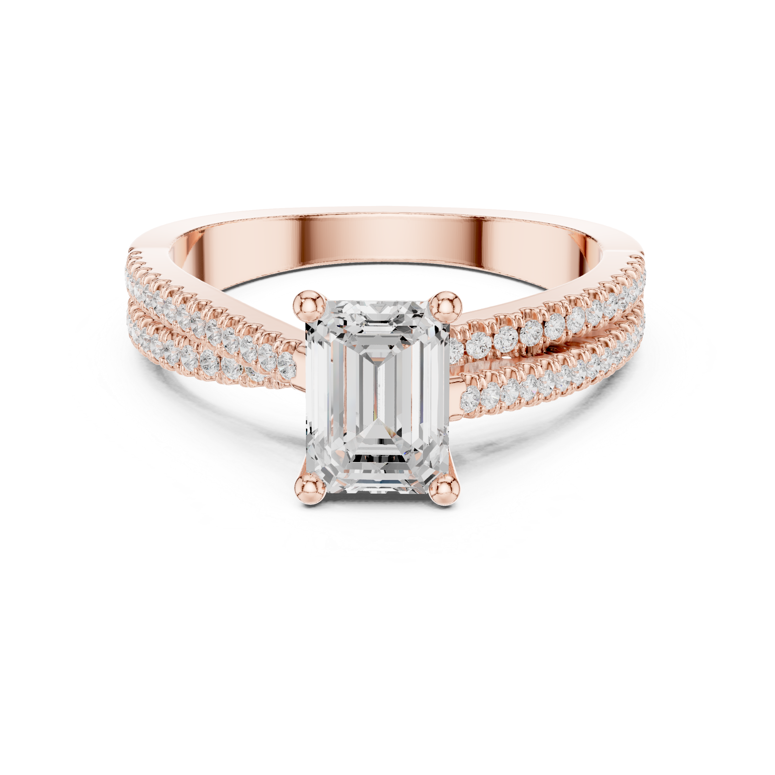 Gold and diamond Emerald Cut Split Shank Engagement Ring