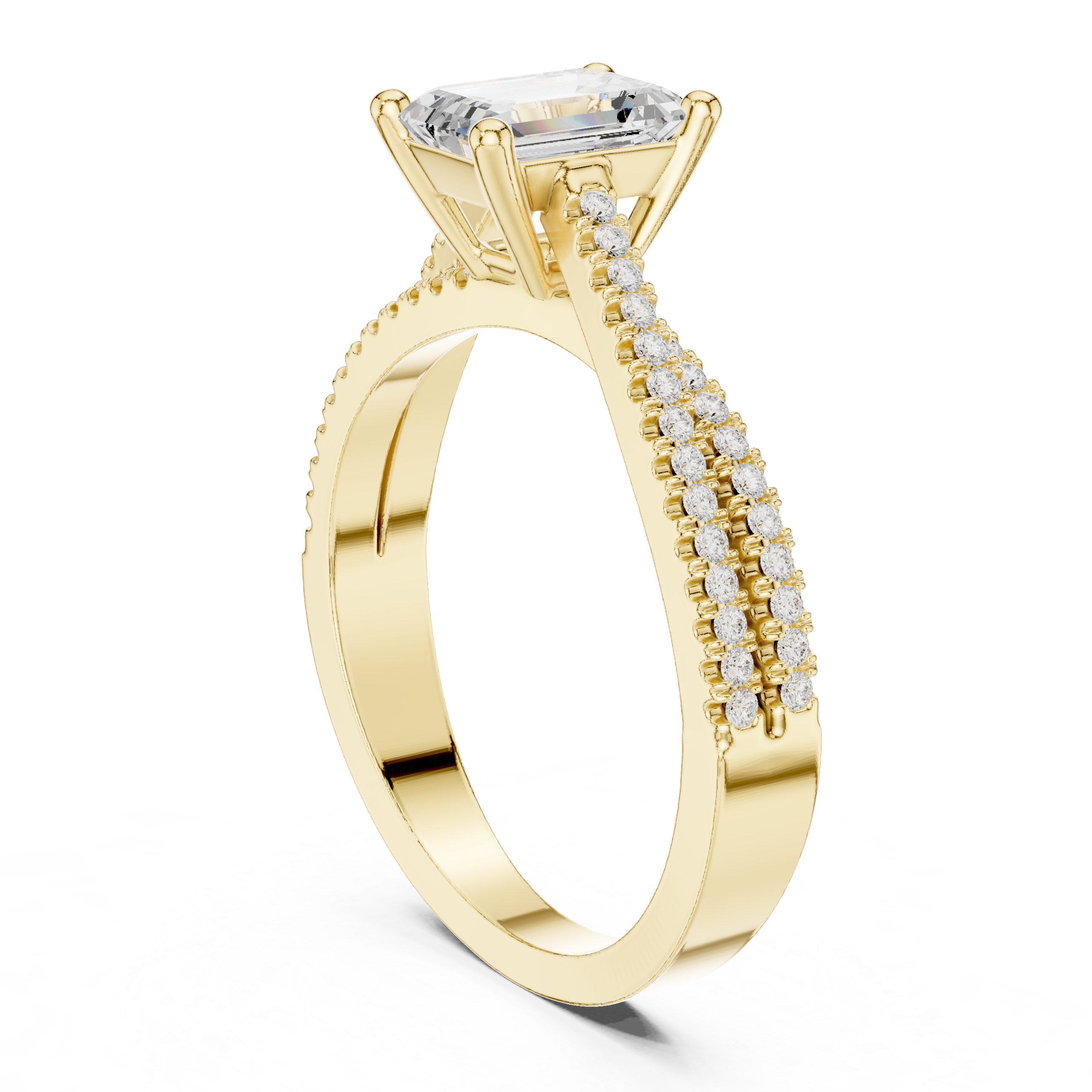 Gold and diamond Emerald Cut Split Shank Engagement Ring