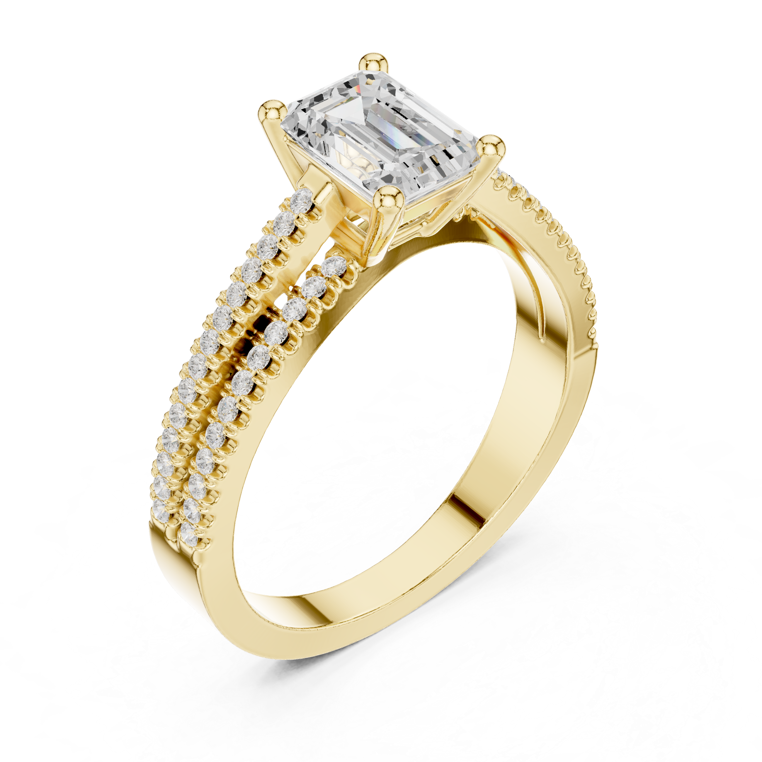 Gold and diamond Emerald Cut Split Shank Engagement Ring
