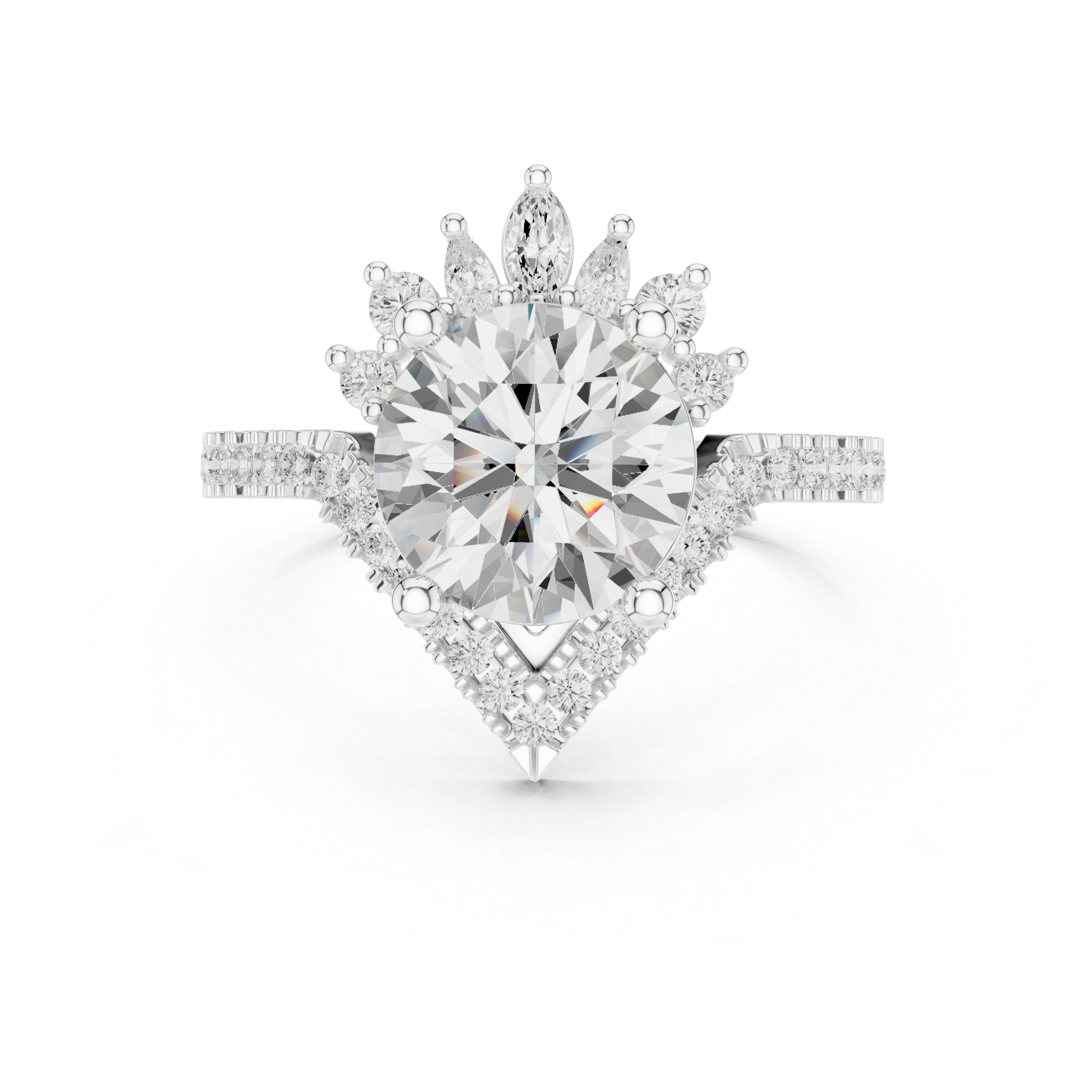 Solid Gold Diamond Engagement Ringwith Round Brilliant Tiara / Sunburst 