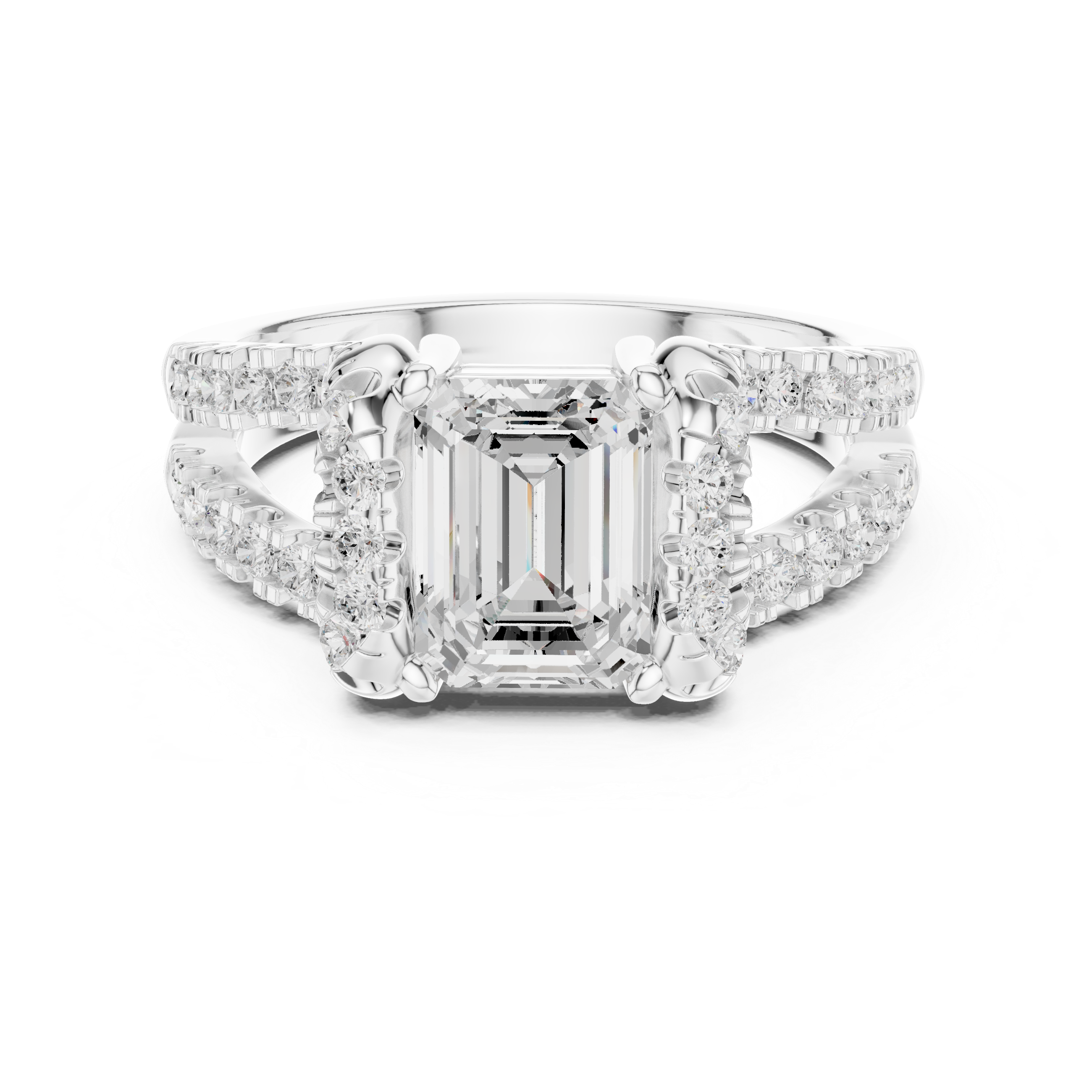 Gold ring with emerald-cut diamond and smaller diamonds