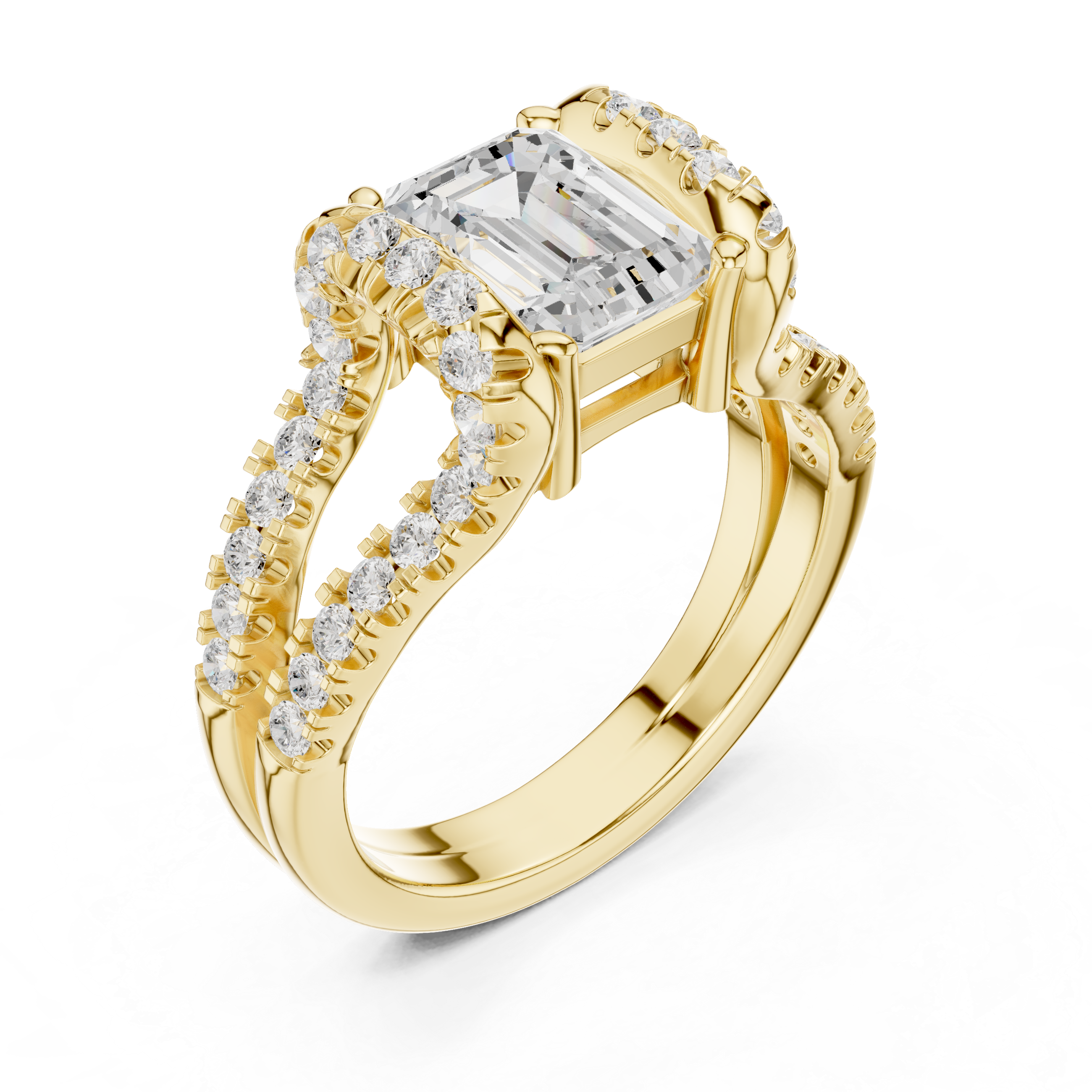 Gold ring with emerald-cut diamond and smaller diamonds
