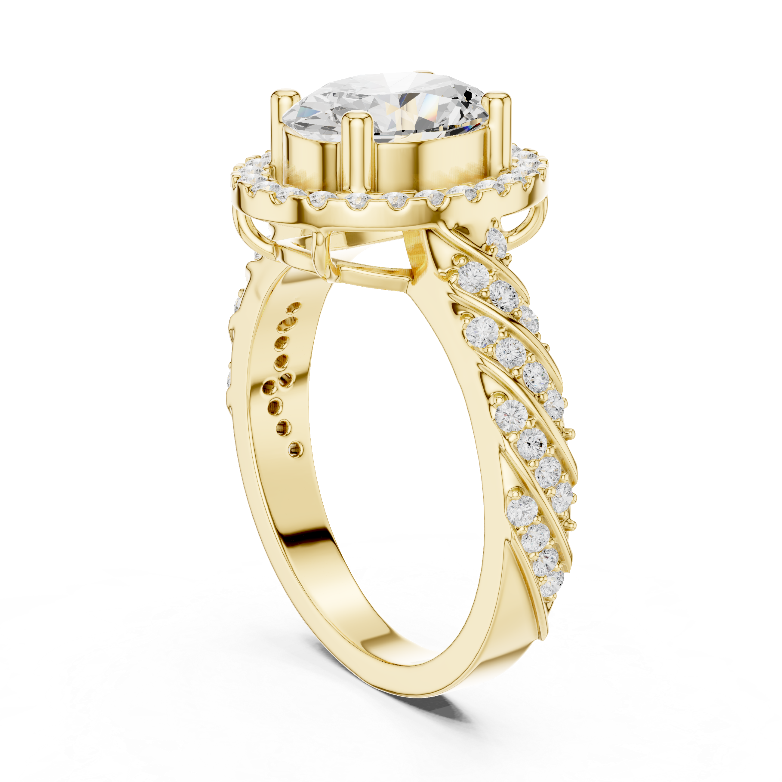 Solid Gold Oval Cut Twisted Halo Engagement Diamond Ring 