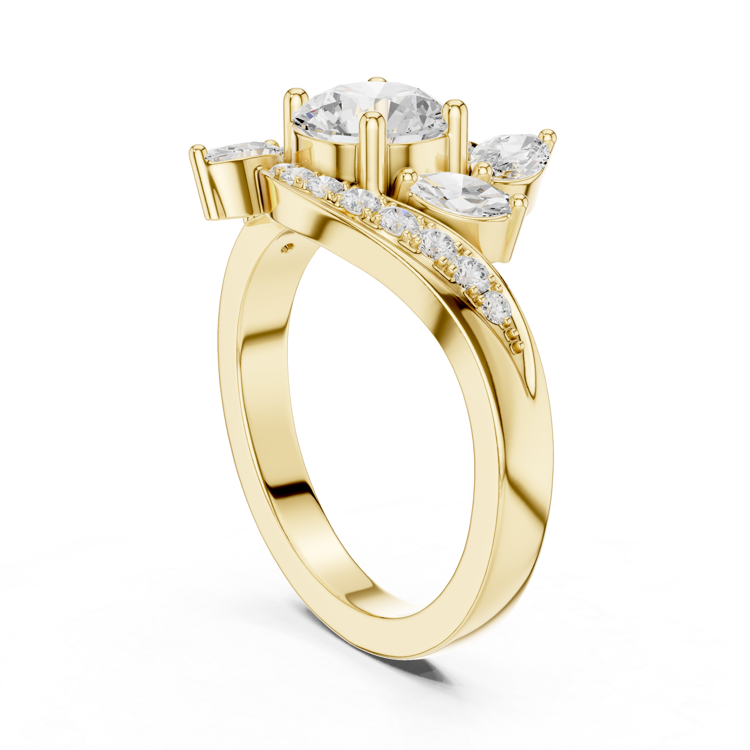 Solid Gold Diamond Floral Swirl Bypass Engagement Ring