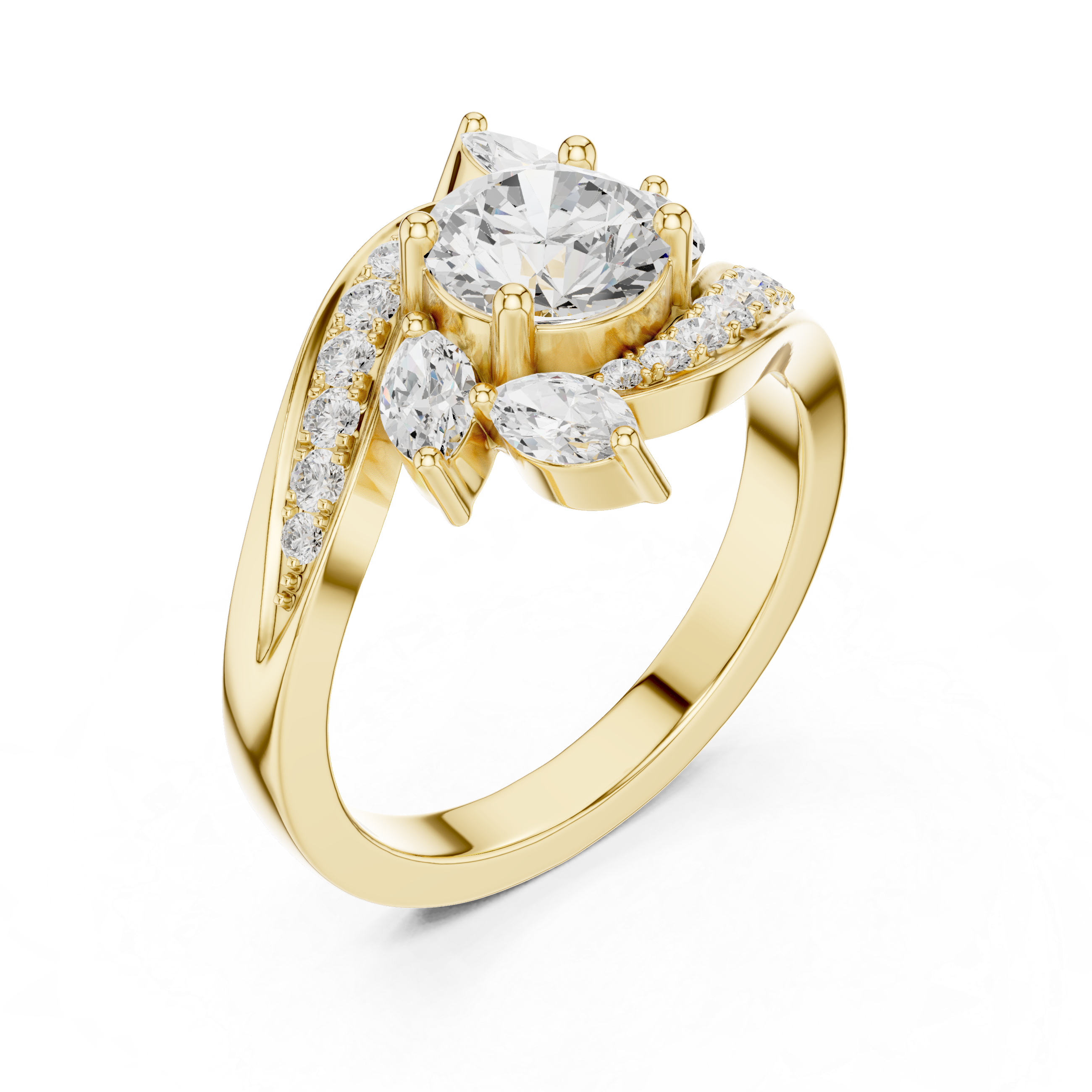 Solid Gold Diamond Floral Swirl Bypass Engagement Ring