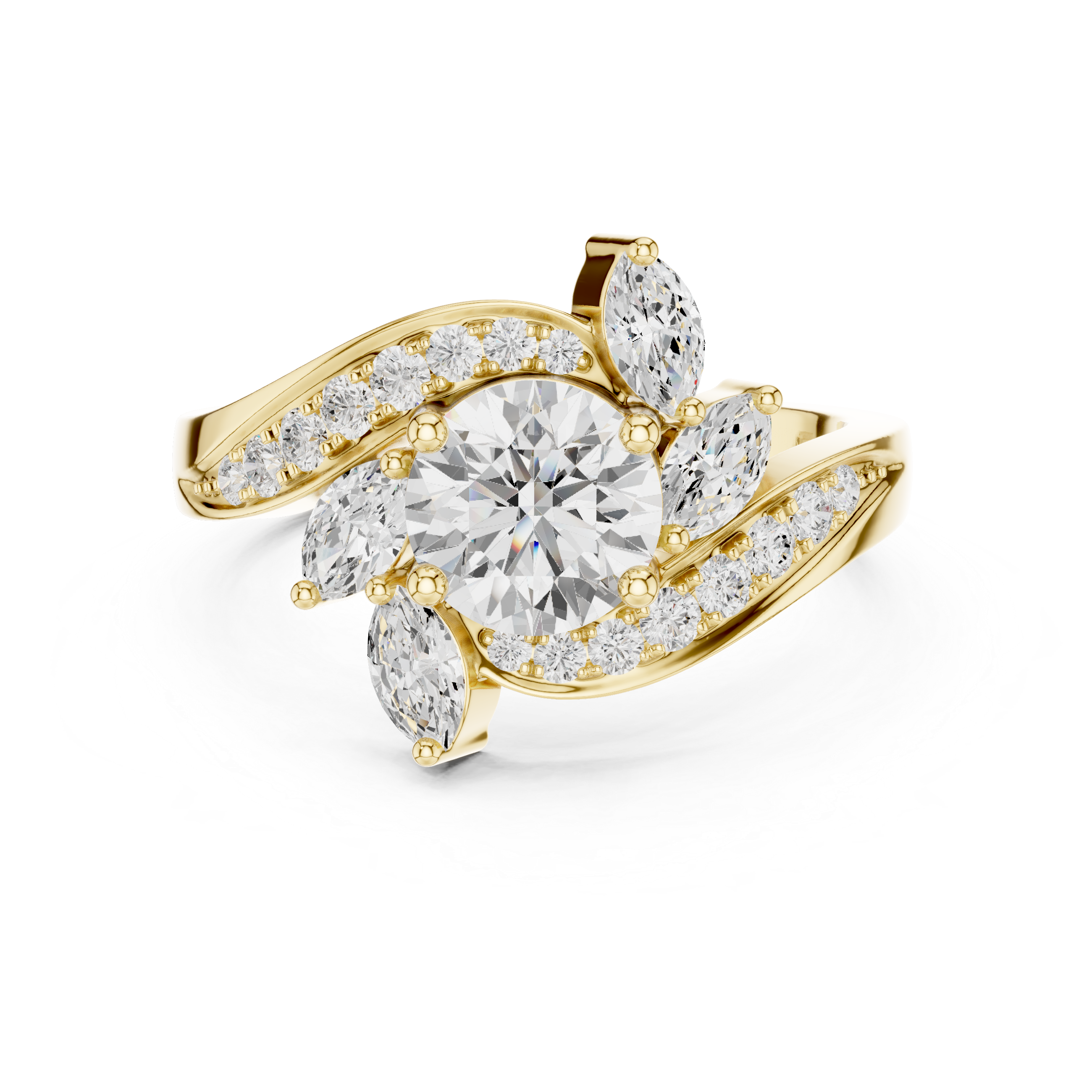 Solid Gold Diamond Floral Swirl Bypass Engagement Ring
