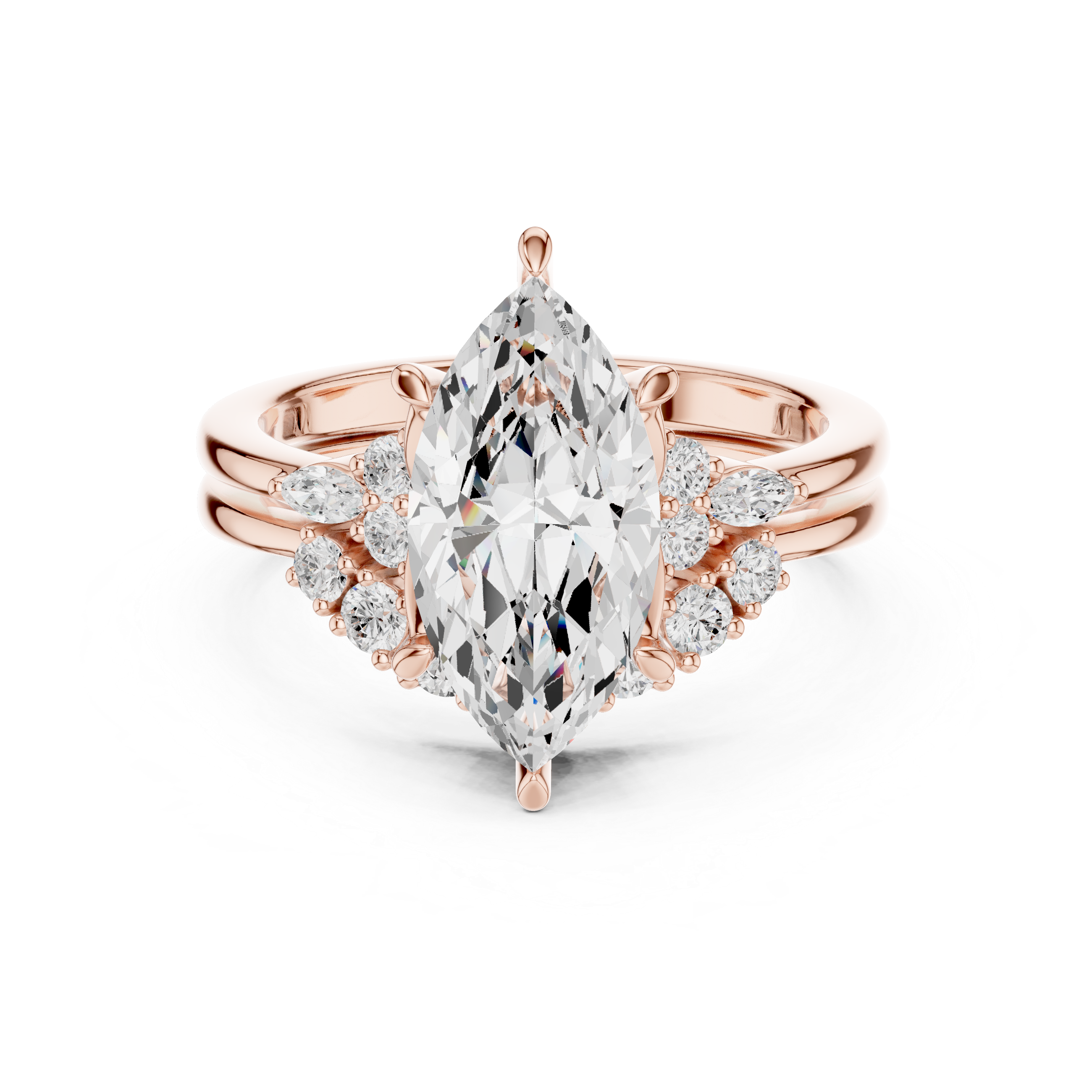 Rose gold ring with a large diamond and smaller diamonds on a white background