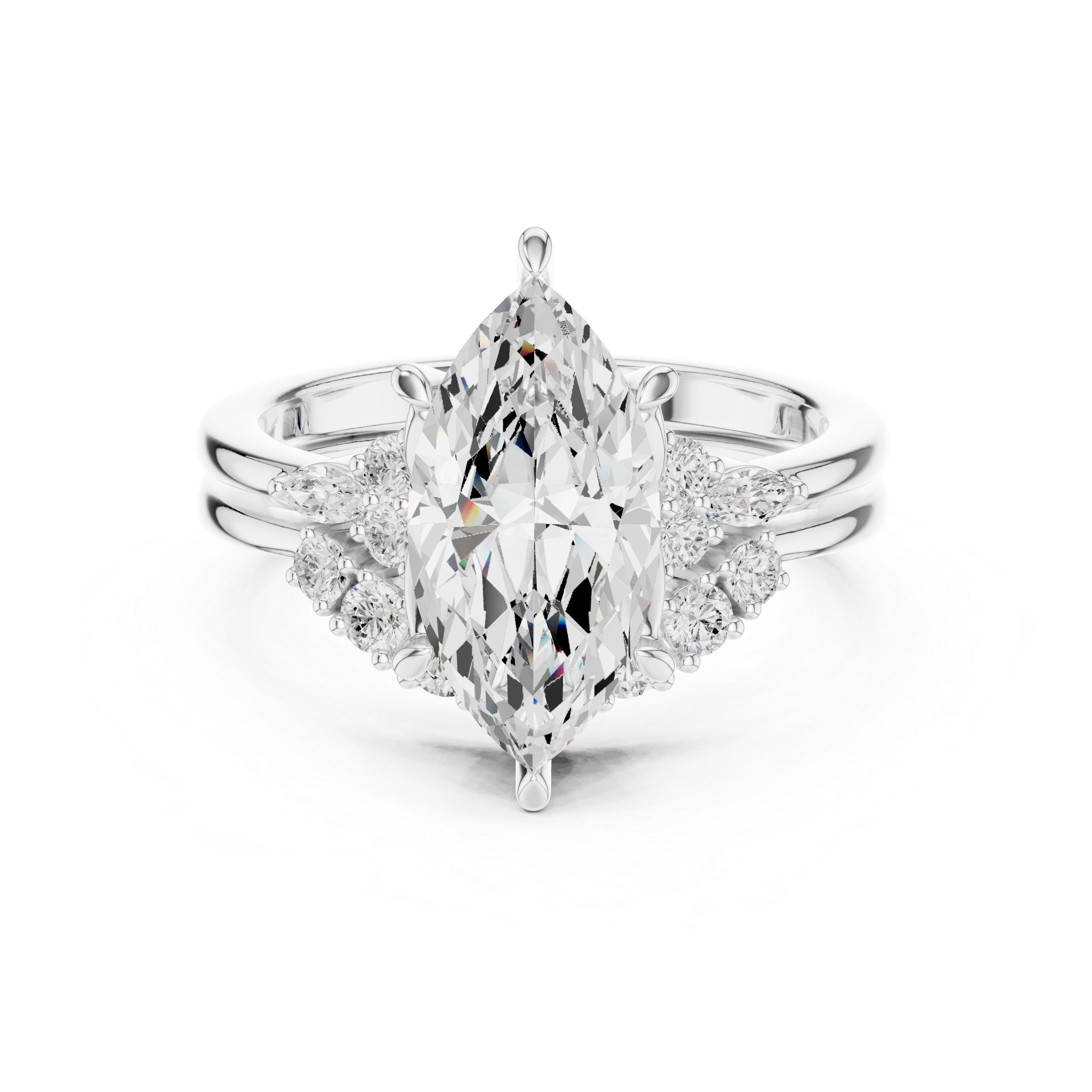 Diamond ring with pear-shaped center stone on a white background