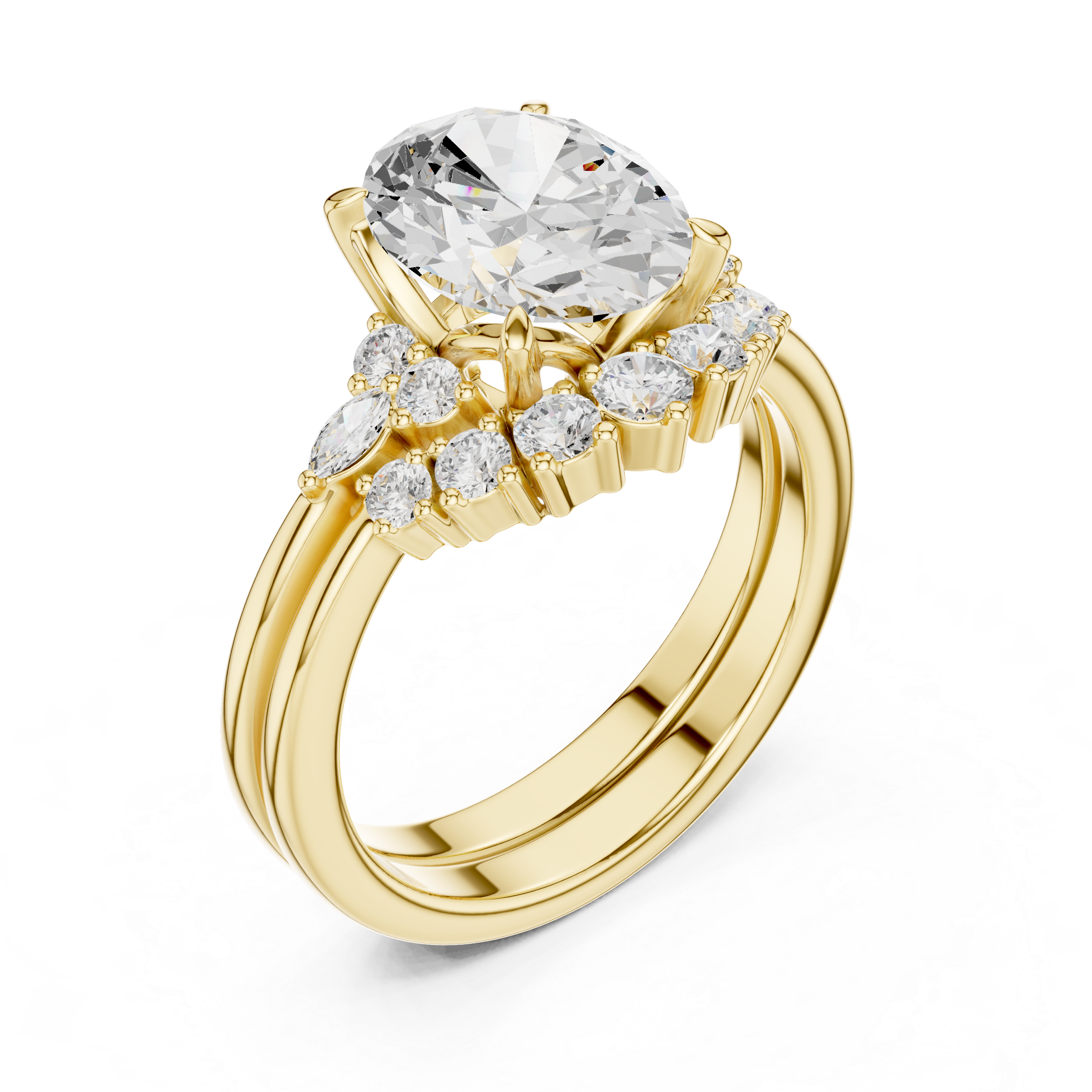 Gold ring with a large diamond and smaller diamonds on a white background