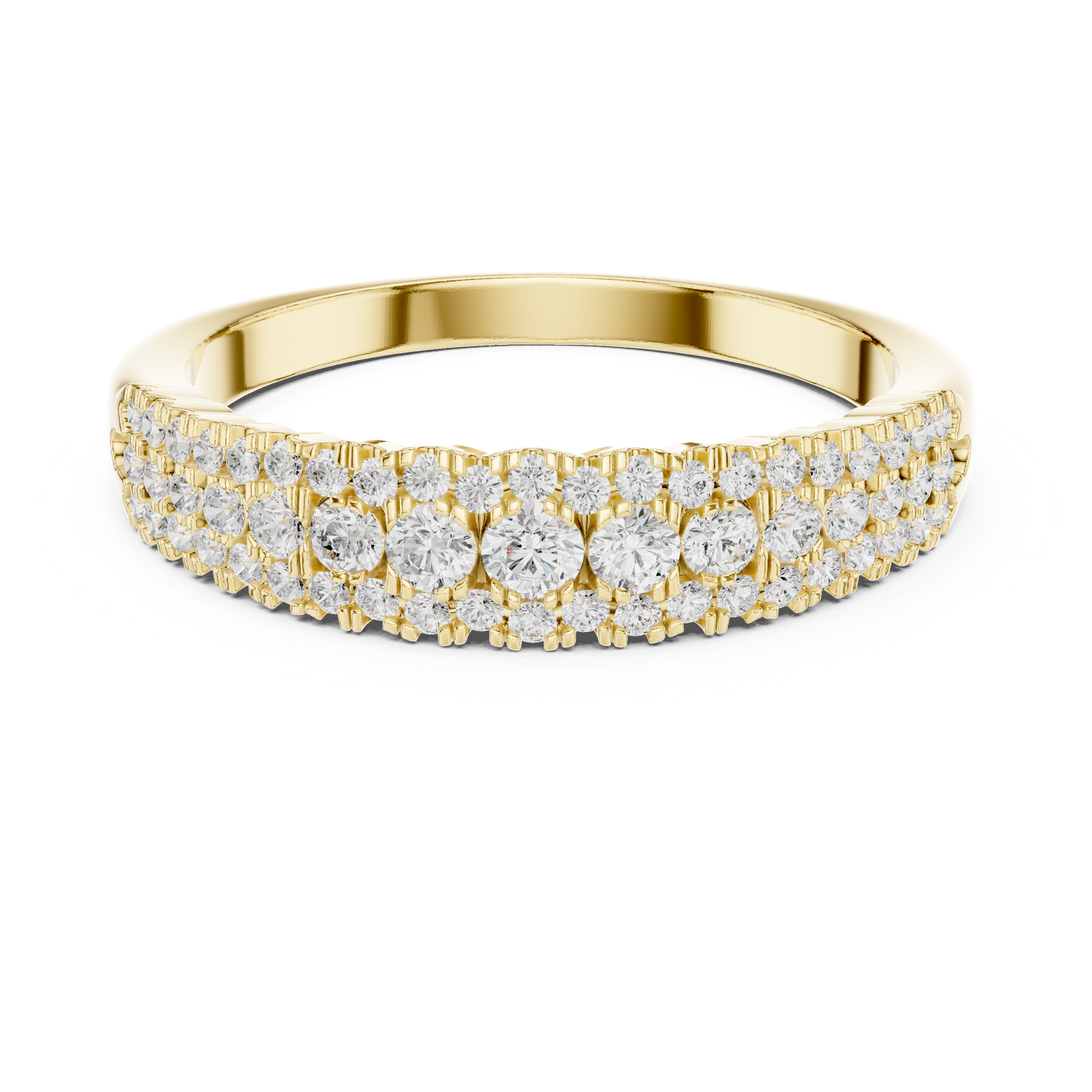 Gold ring Graduated Triple Row Band with diamond accents 