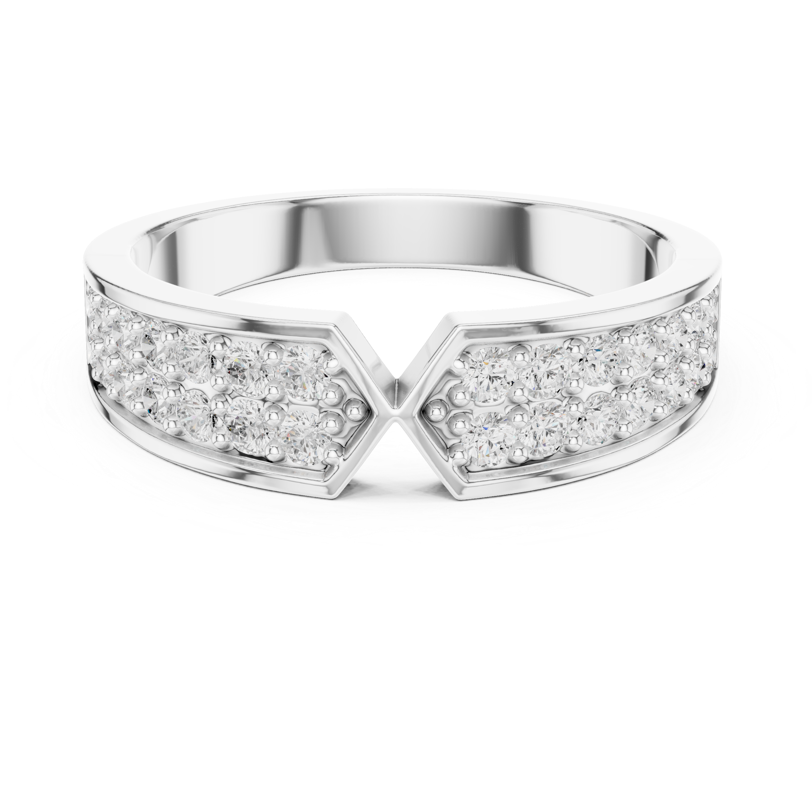 Silver ring with diamond accents on a white background