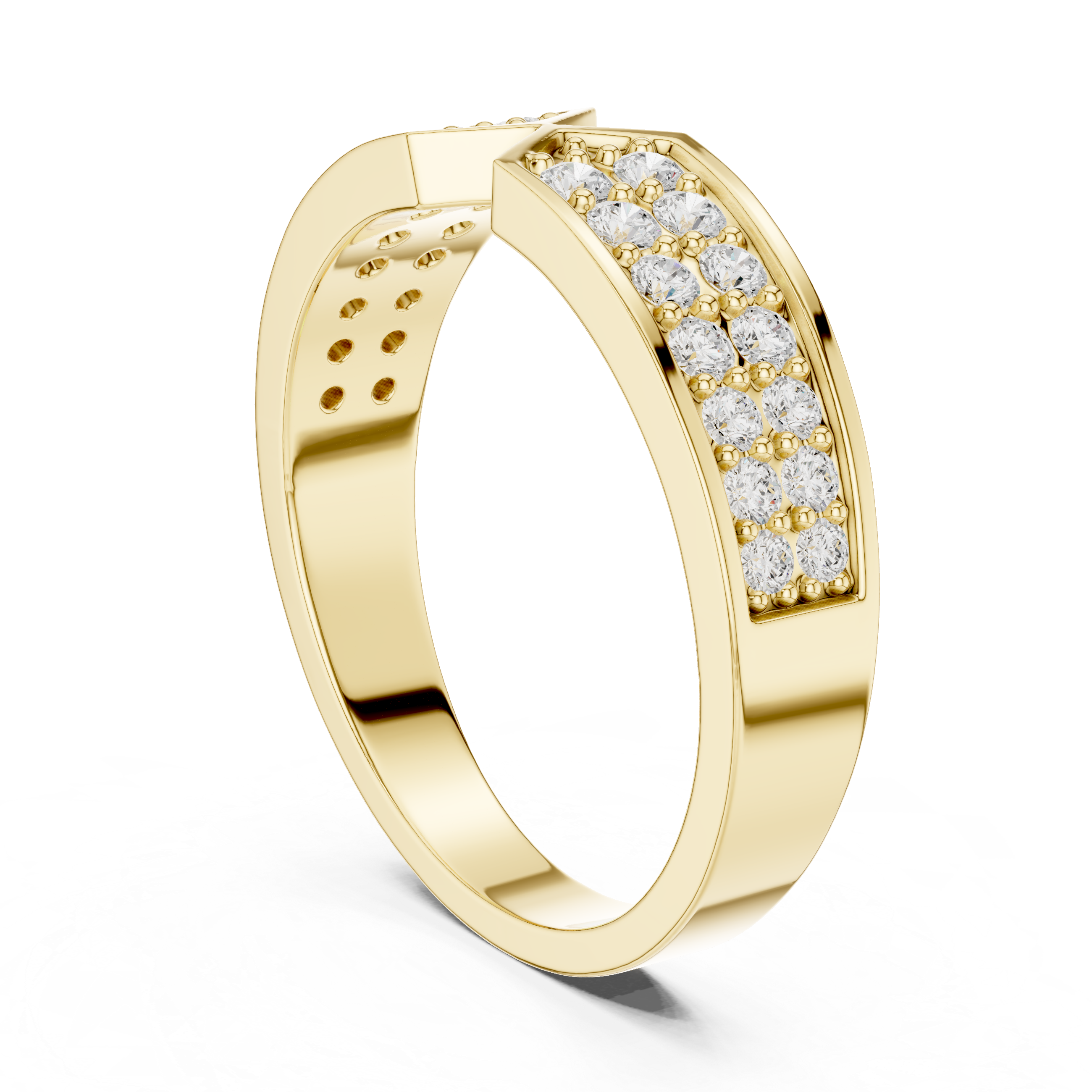 Gold ring with diamond accents on a white background