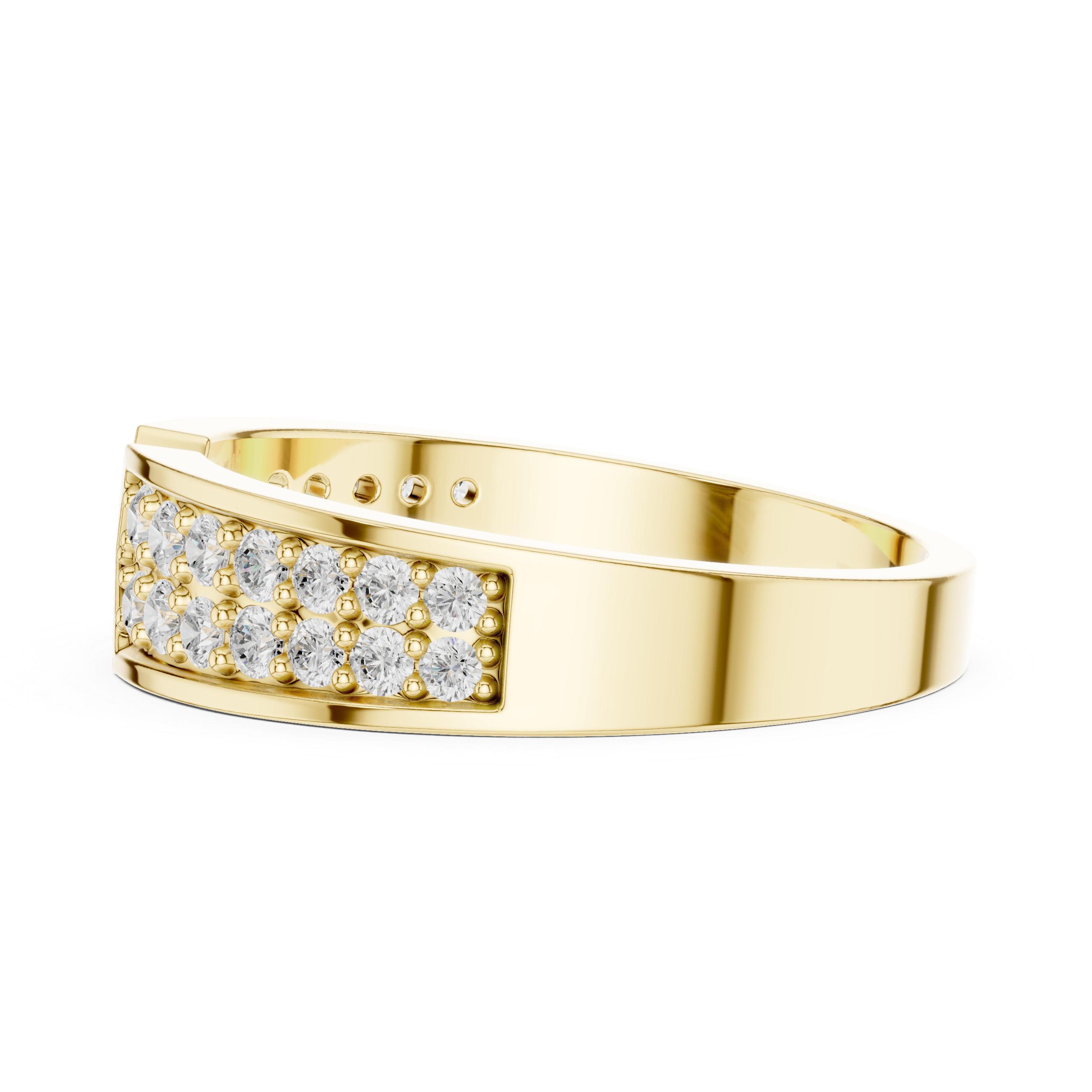 Gold ring with diamond accents on a white background
