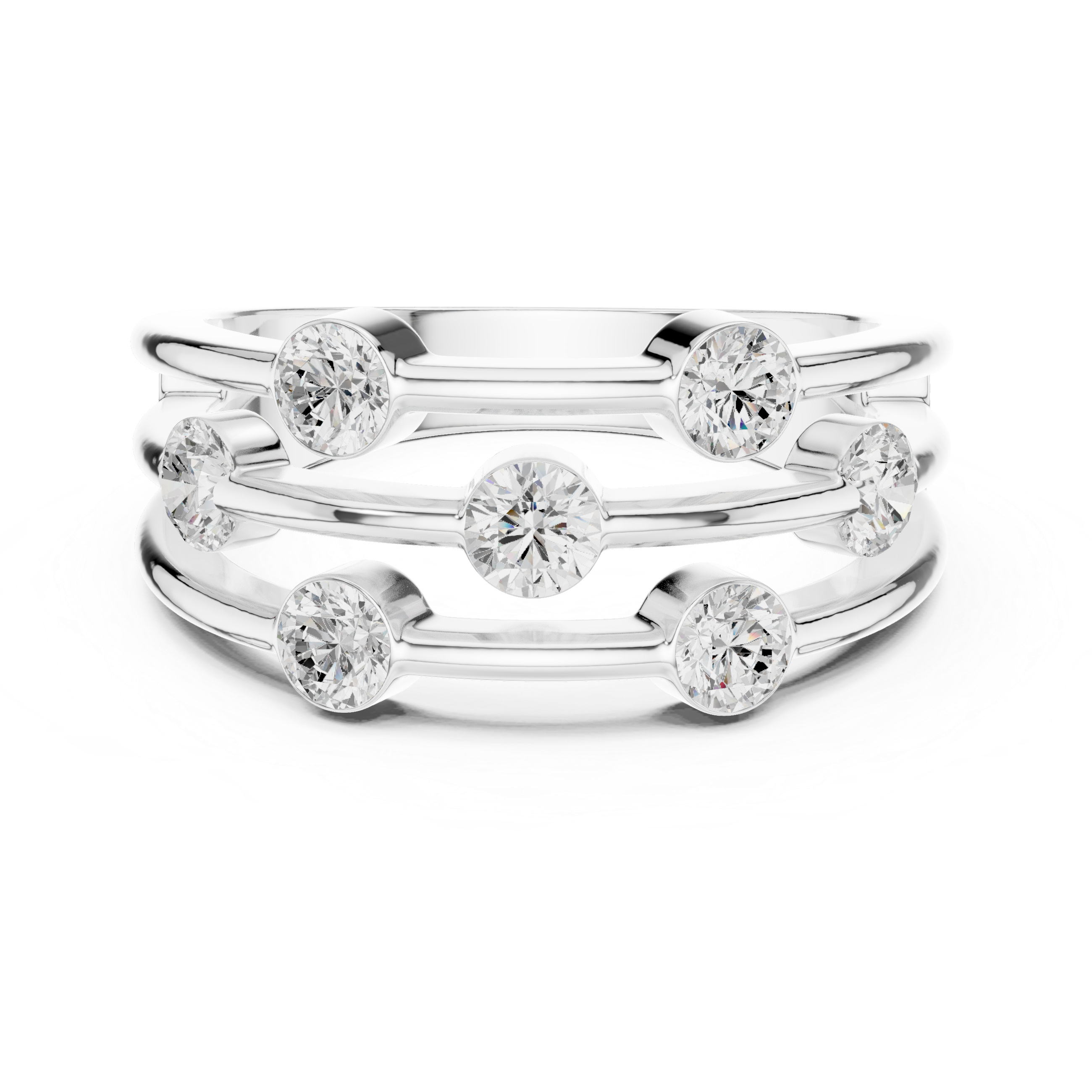 Stack of diamond rings on a white background