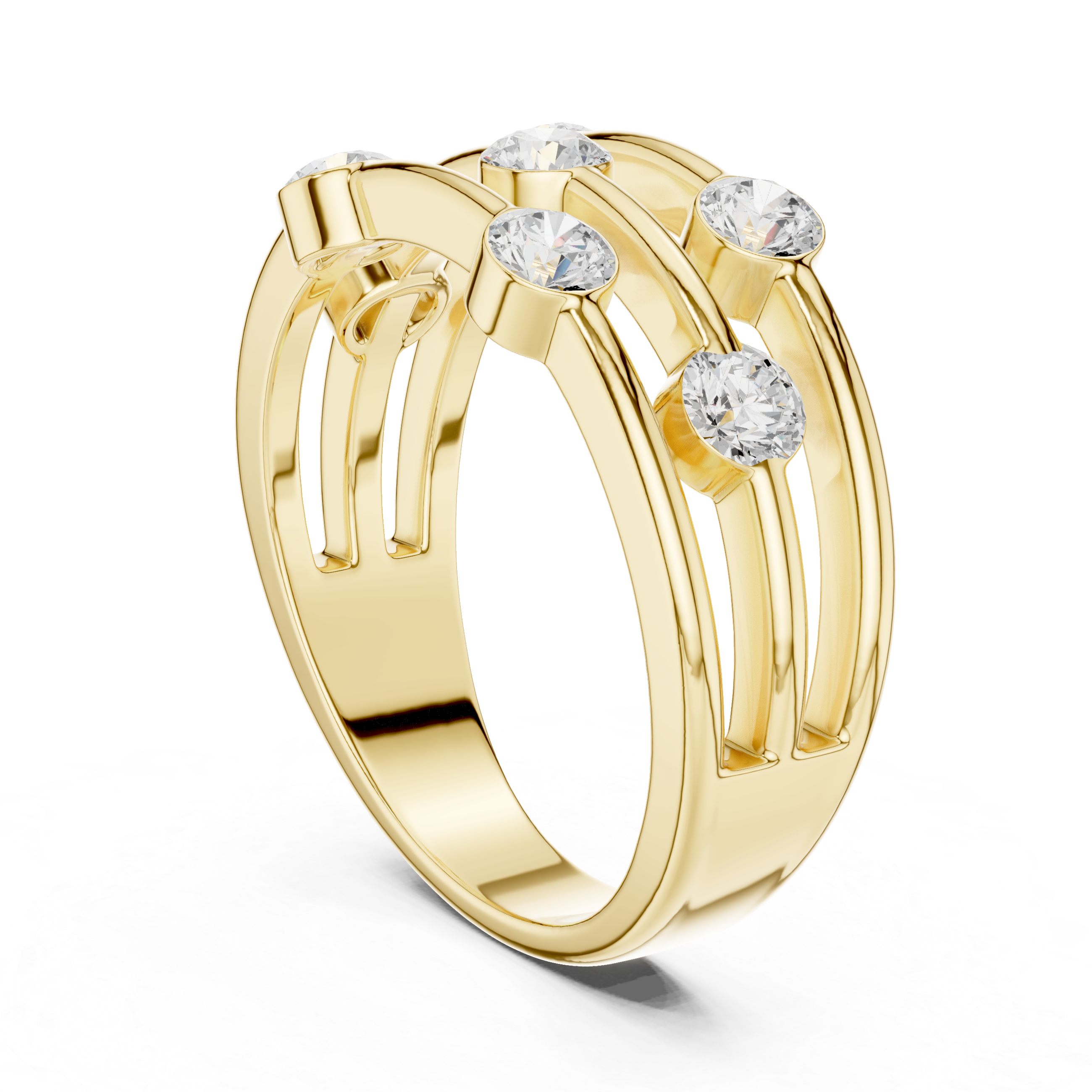 Gold ring with three diamonds on a white background
