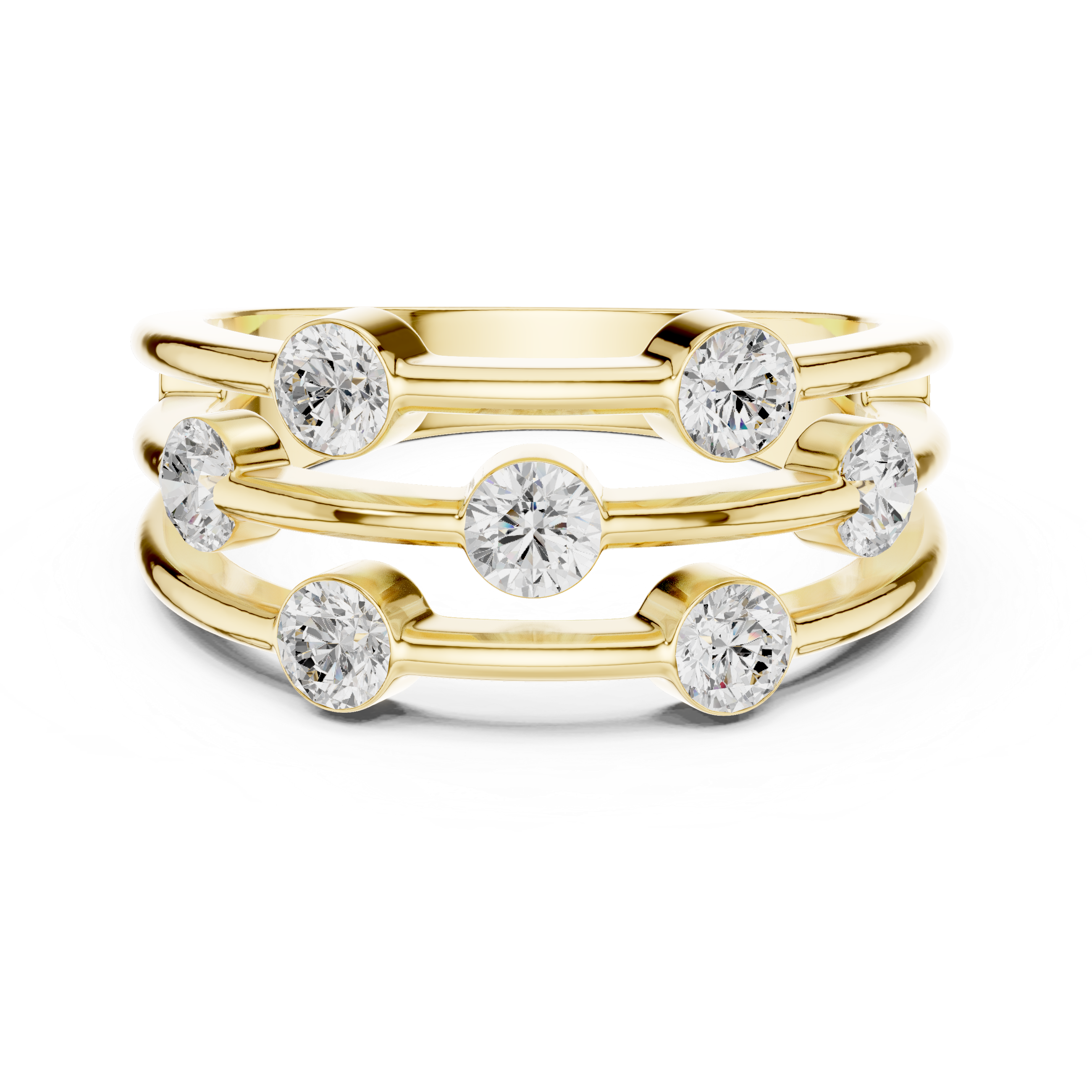Gold ring with embedded diamonds on a white background