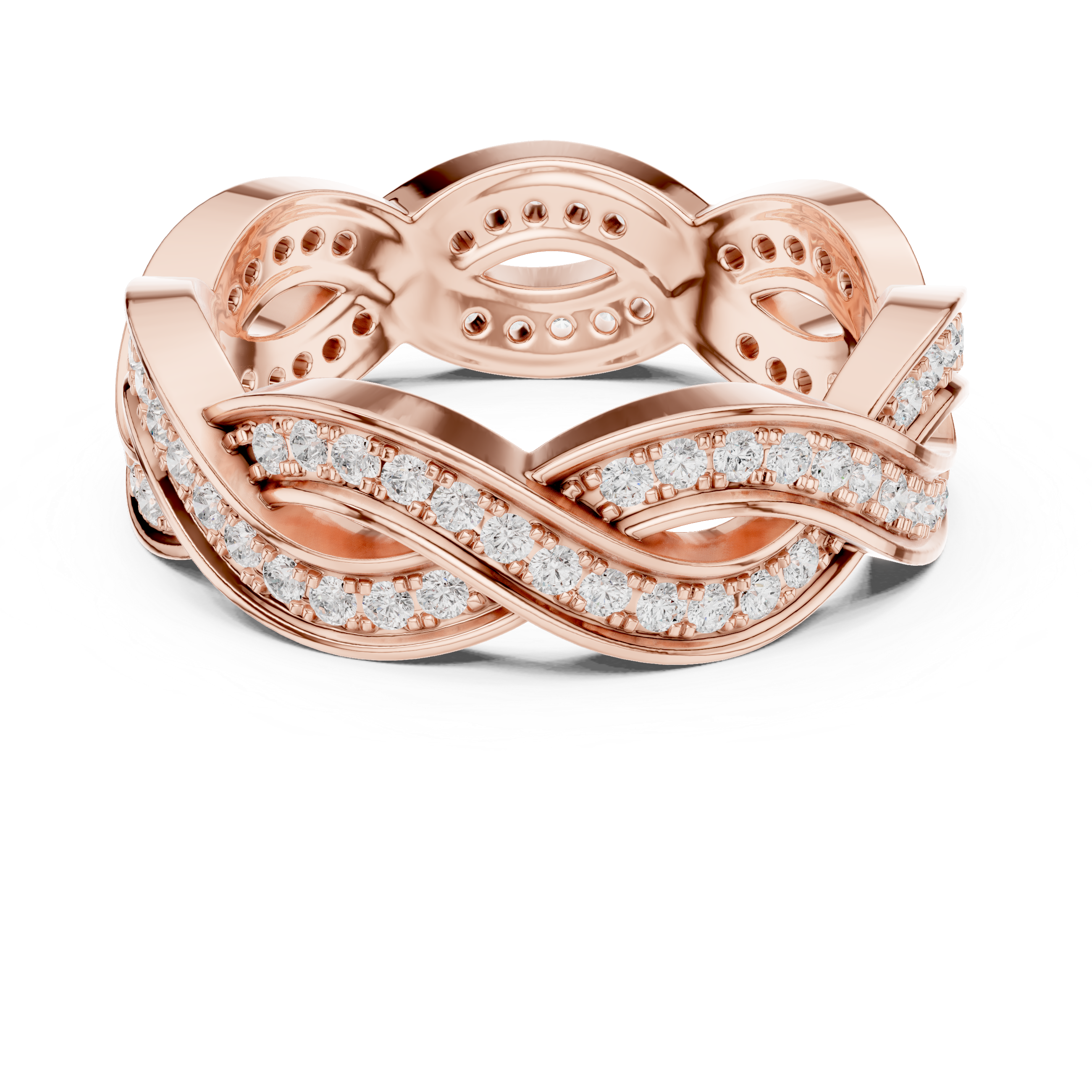 Rose gold ring with diamond accents on a white background