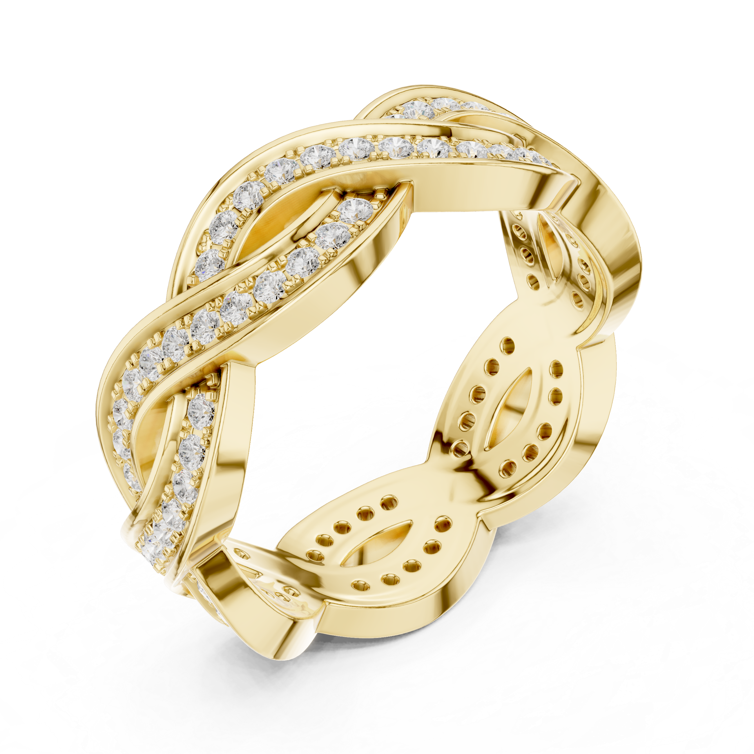 Gold ring with diamond accents on a white background