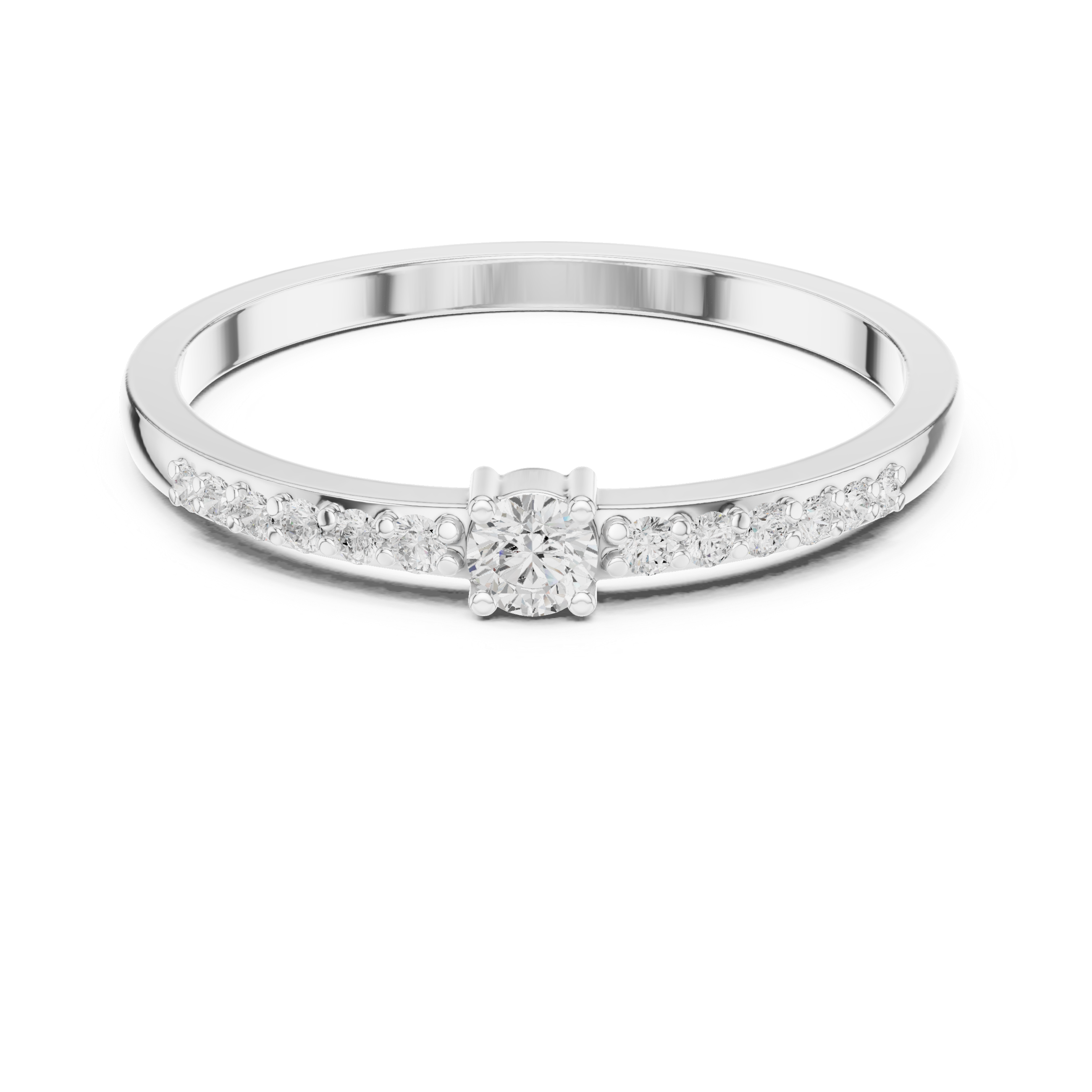 Silver ring with a central diamond and smaller diamonds on a white background