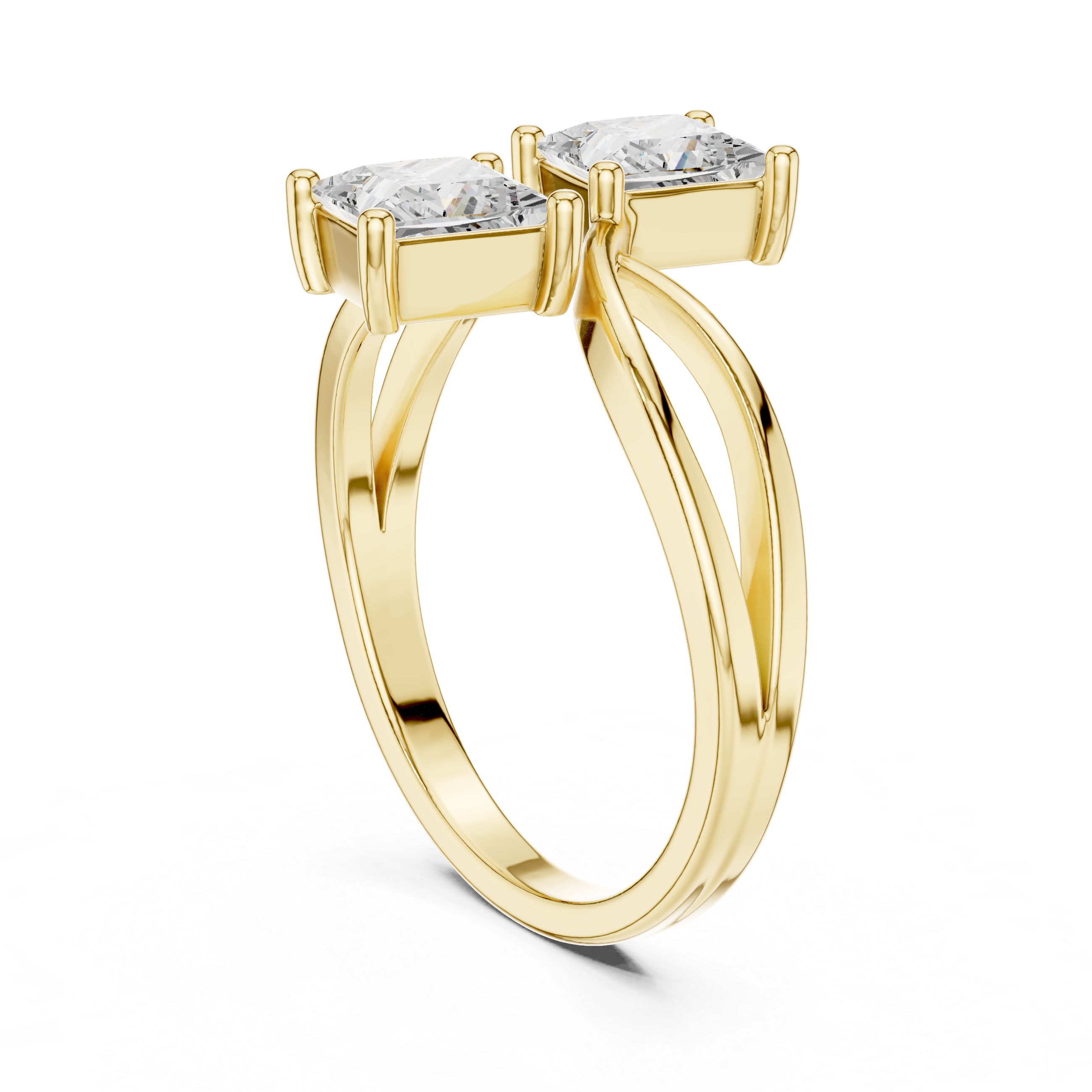 Gold ring with two diamonds on a white background