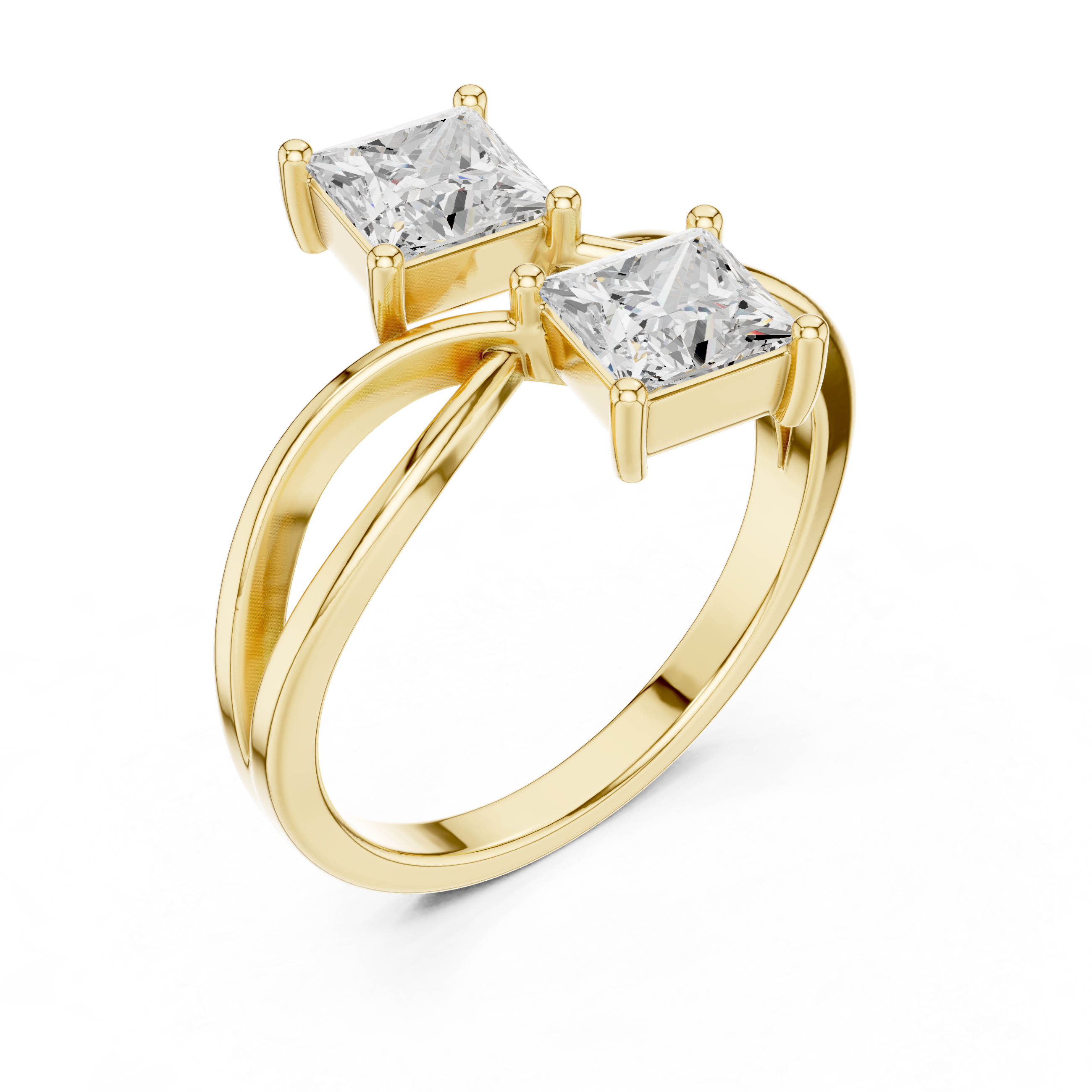 Gold ring with two square-cut diamonds on a white background