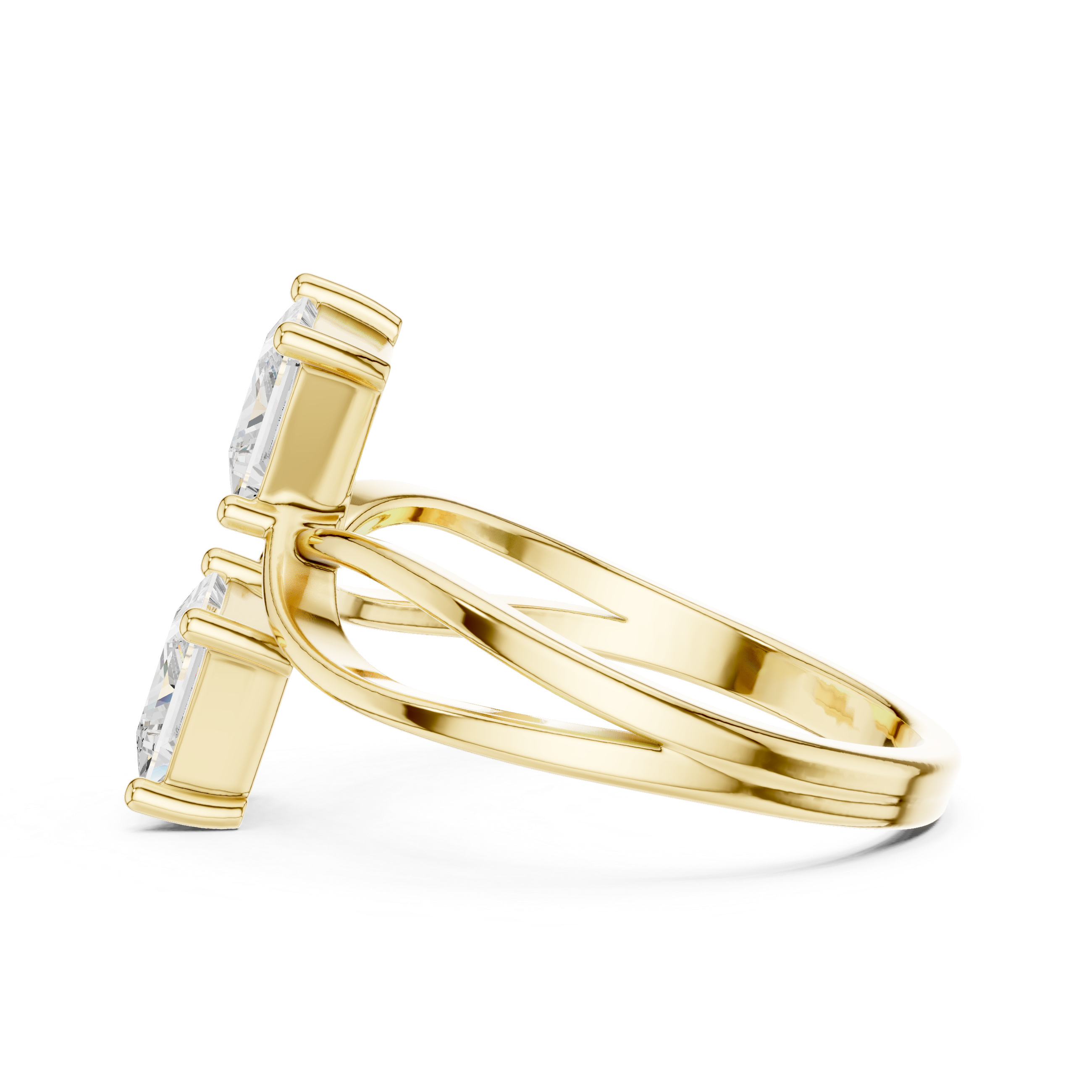 Gold ring with diamond accents on a white background