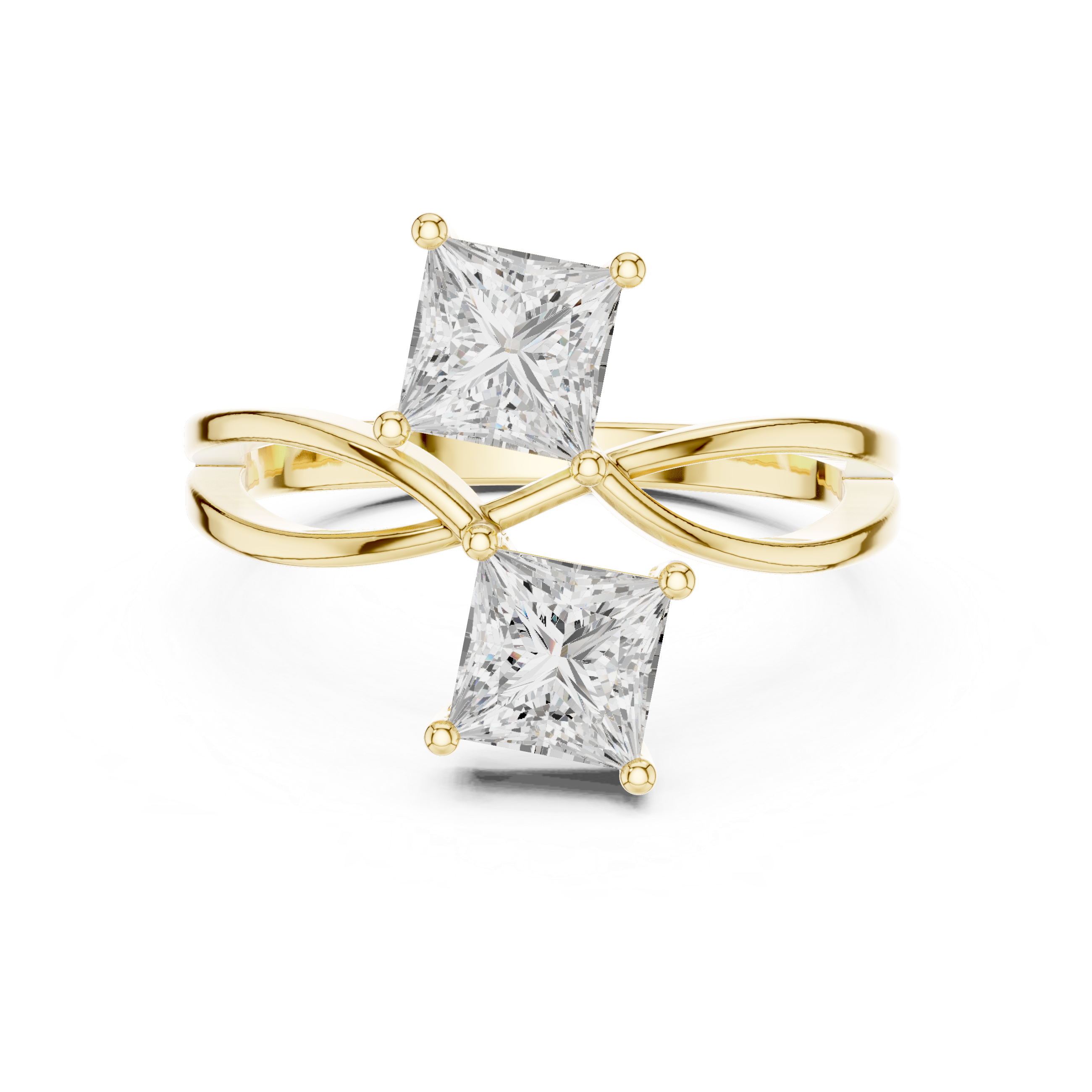 Gold ring with two princess-cut diamonds on a white background