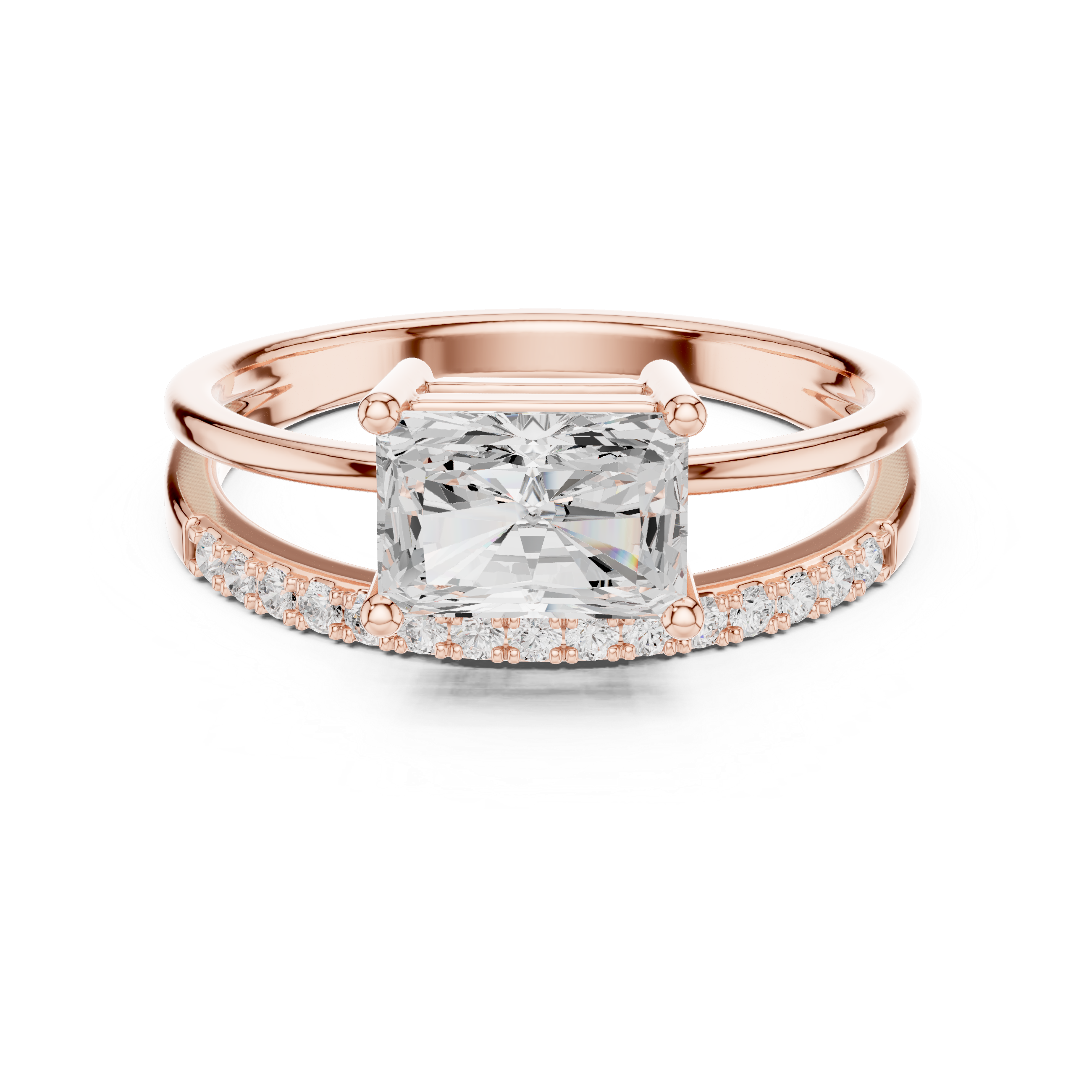 Rose gold ring with a large diamond and smaller diamonds on the band against a white background