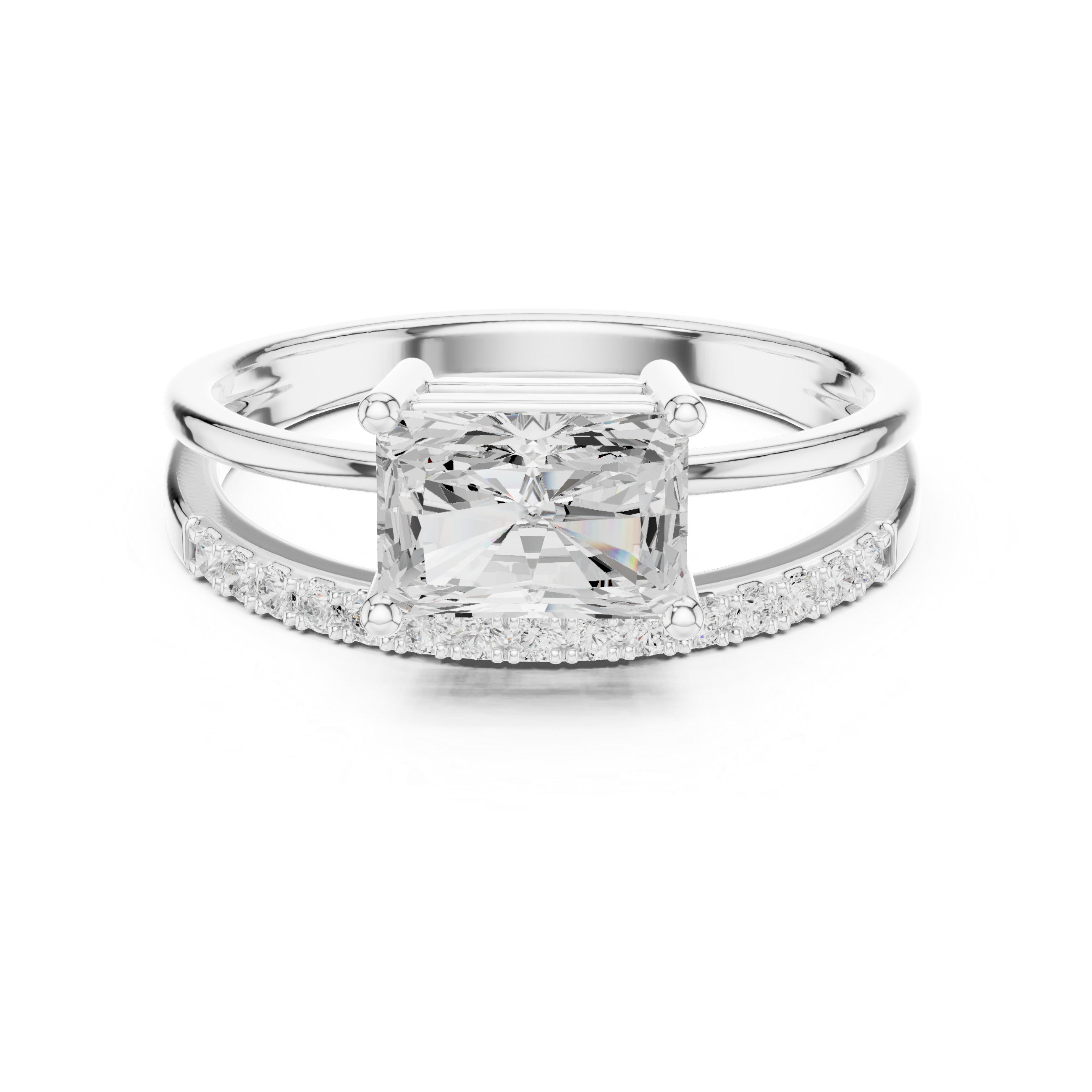 Diamond ring with a prominent central gemstone on a white background