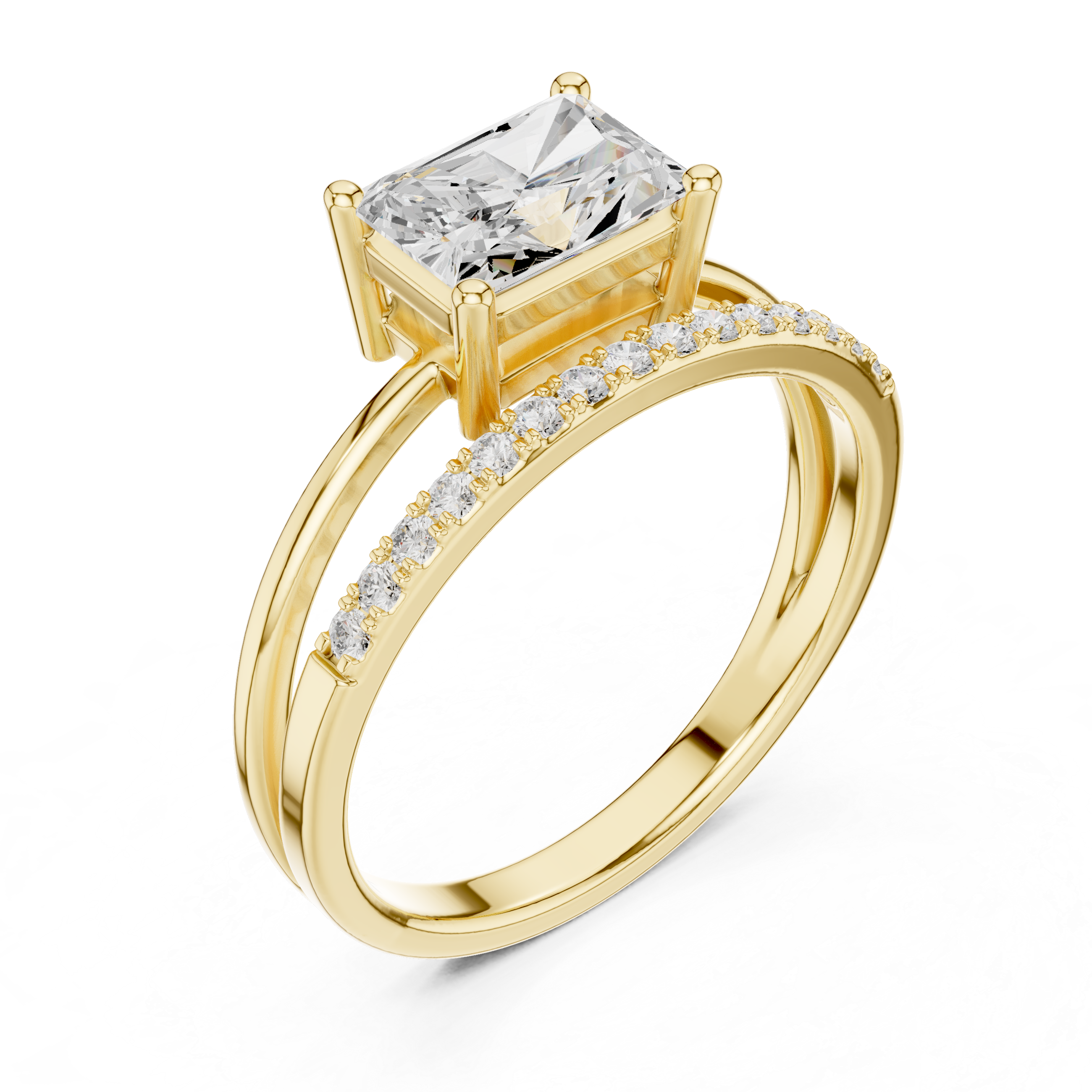 Gold ring with a large diamond and smaller diamonds on the band against a white background