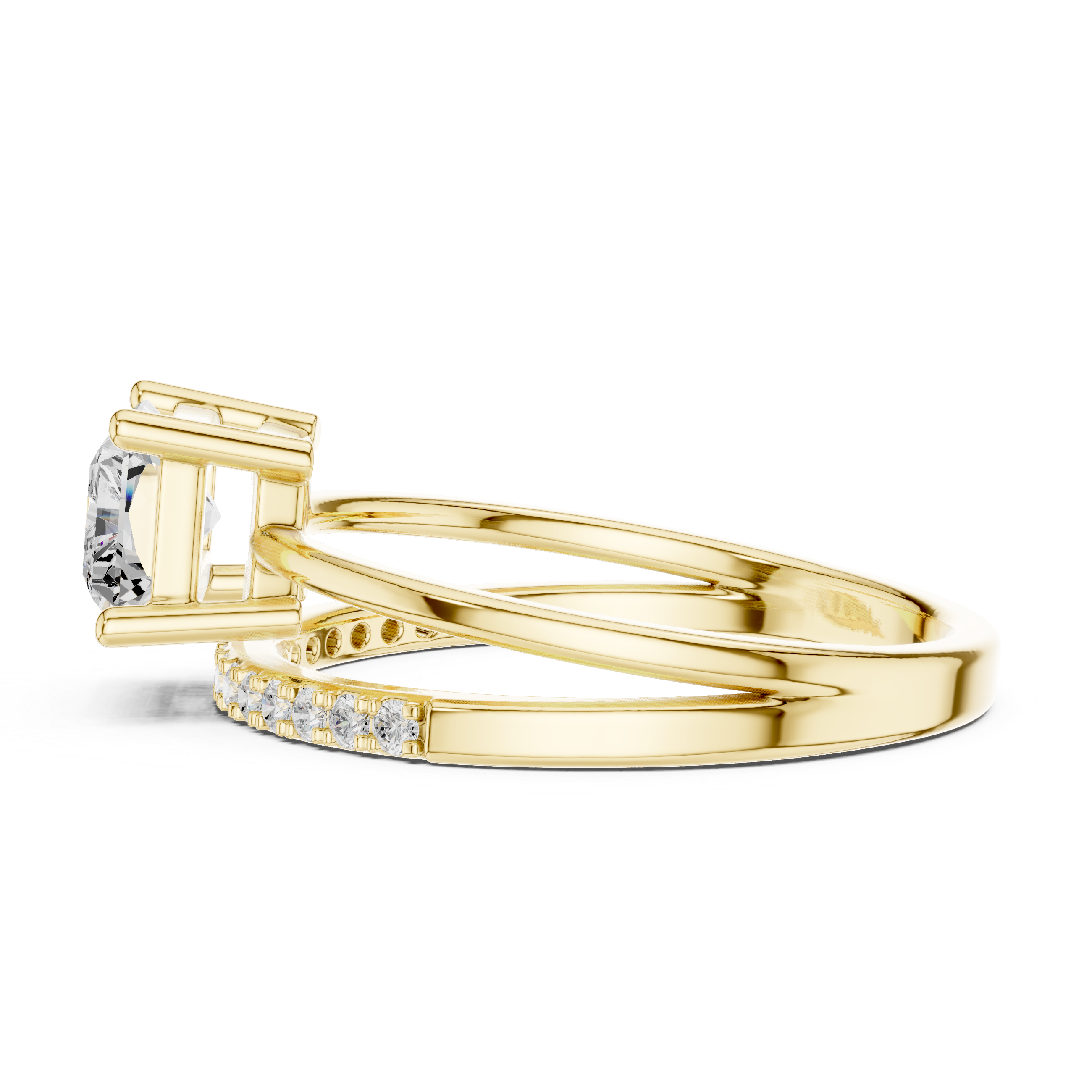 Gold ring with diamond accents on a white background