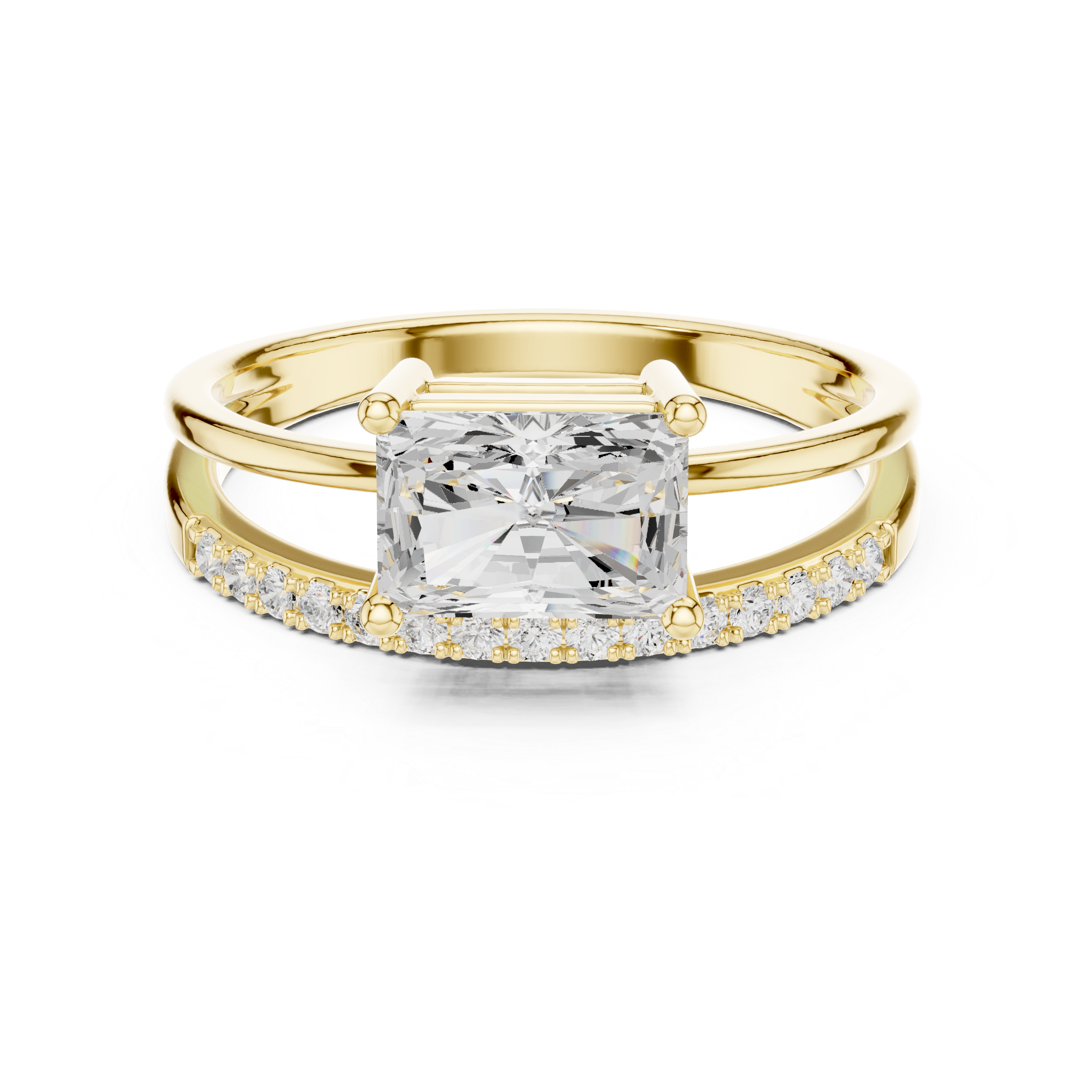 Gold ring with a large diamond and smaller diamonds on the band against a white background