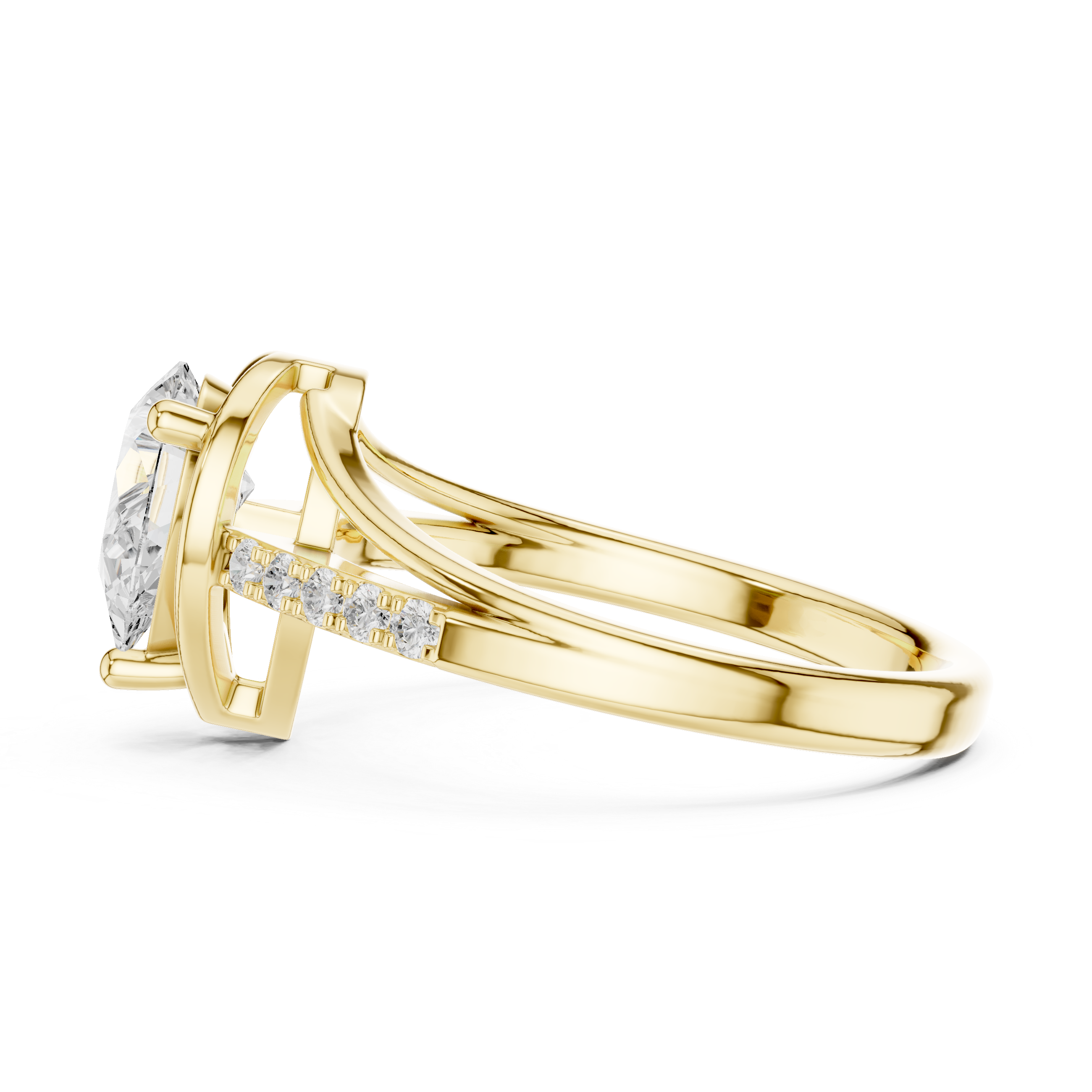 Gold ring with a diamond on a white background