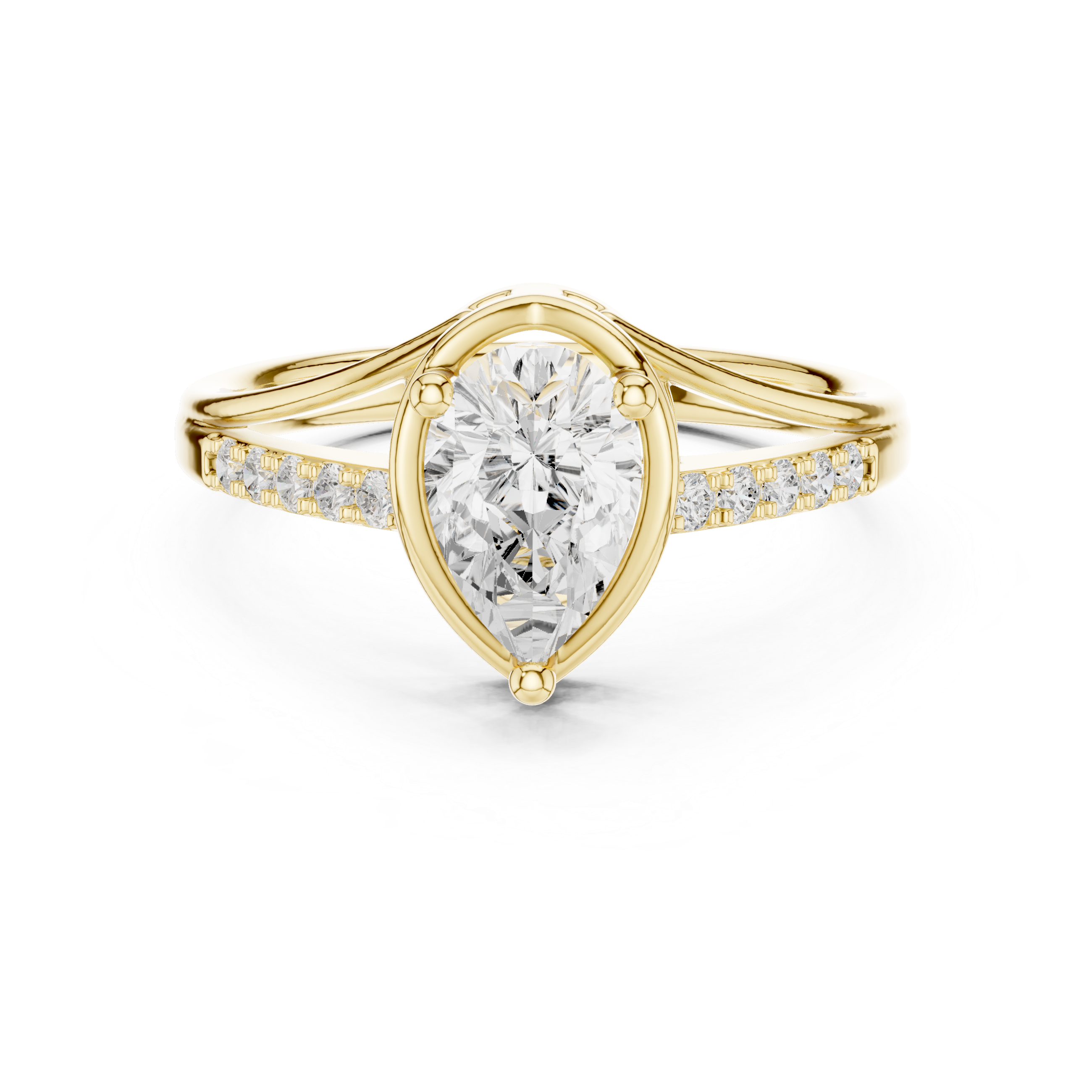 Gold ring with a pear-shaped diamond on a white background