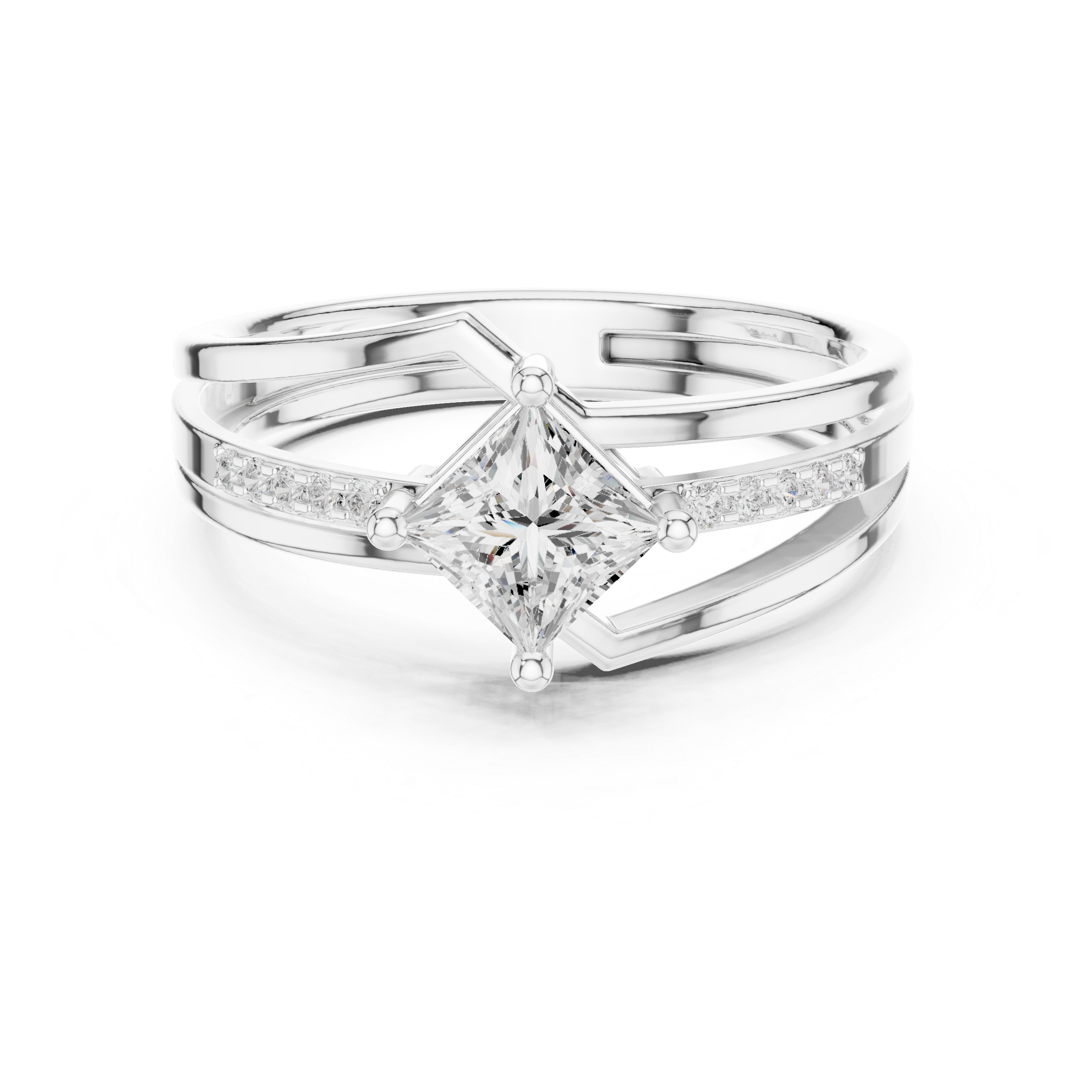 Diamond ring with a central princess-cut diamond on a white background
