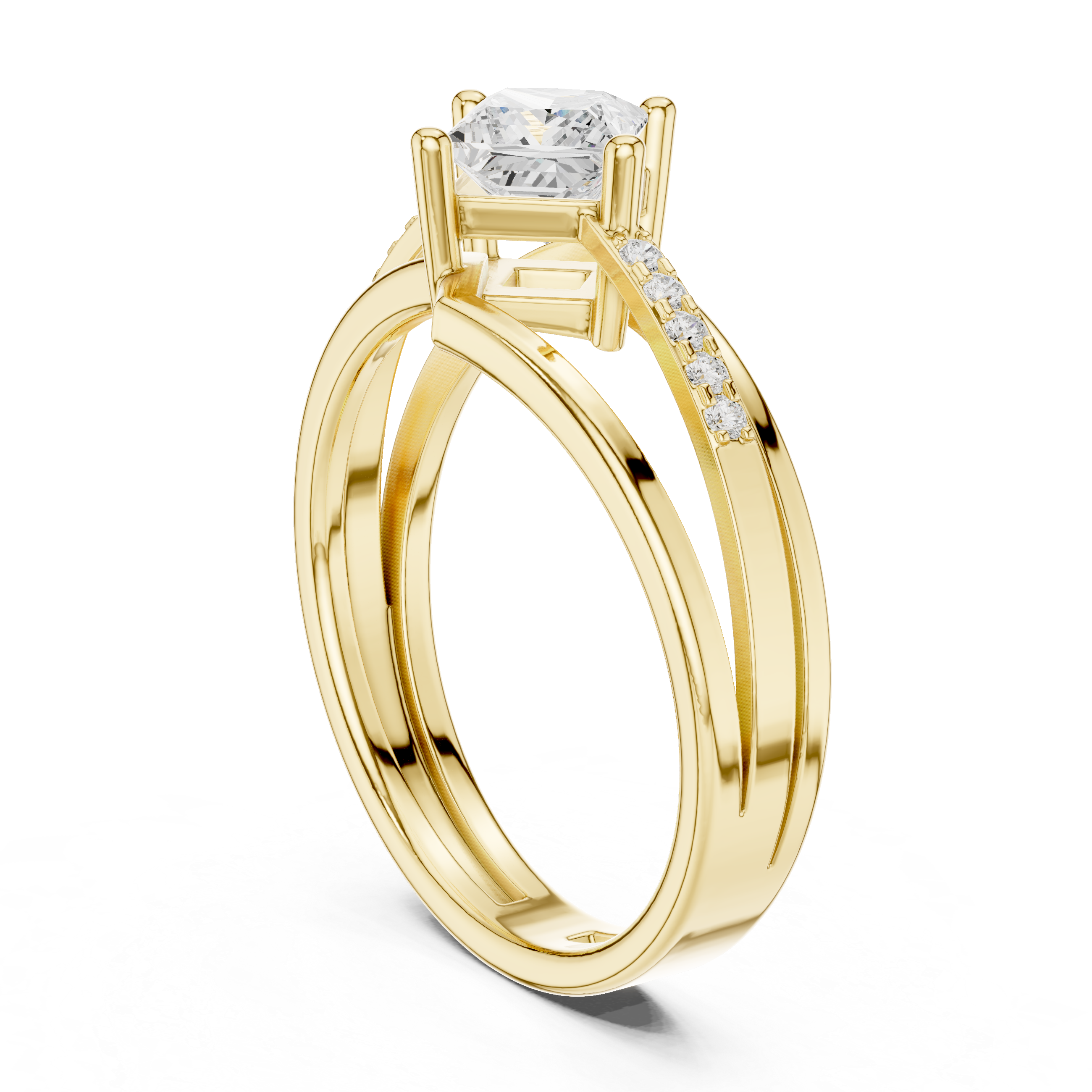 Gold ring with a diamond on a white background