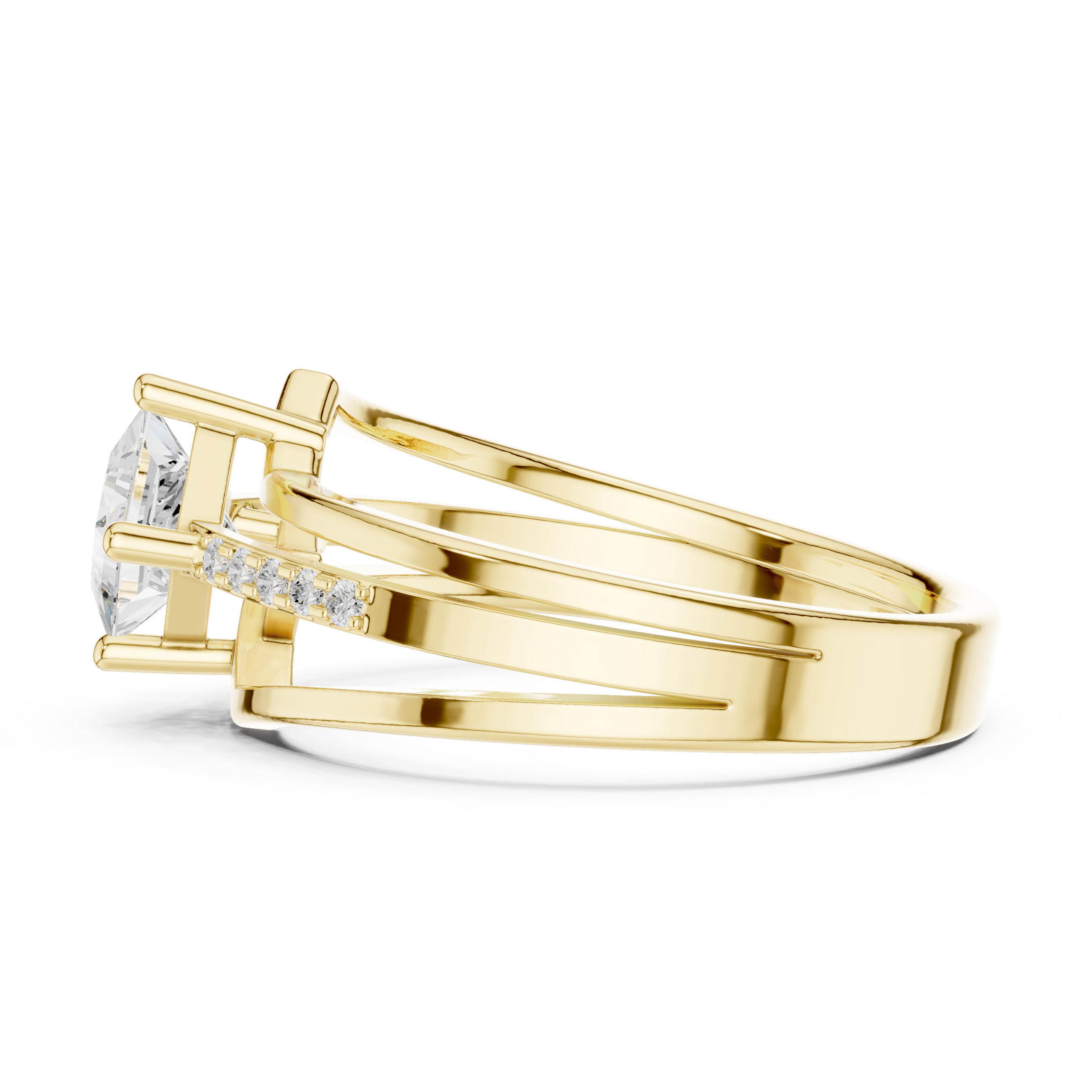 Gold ring with a diamond on a white background