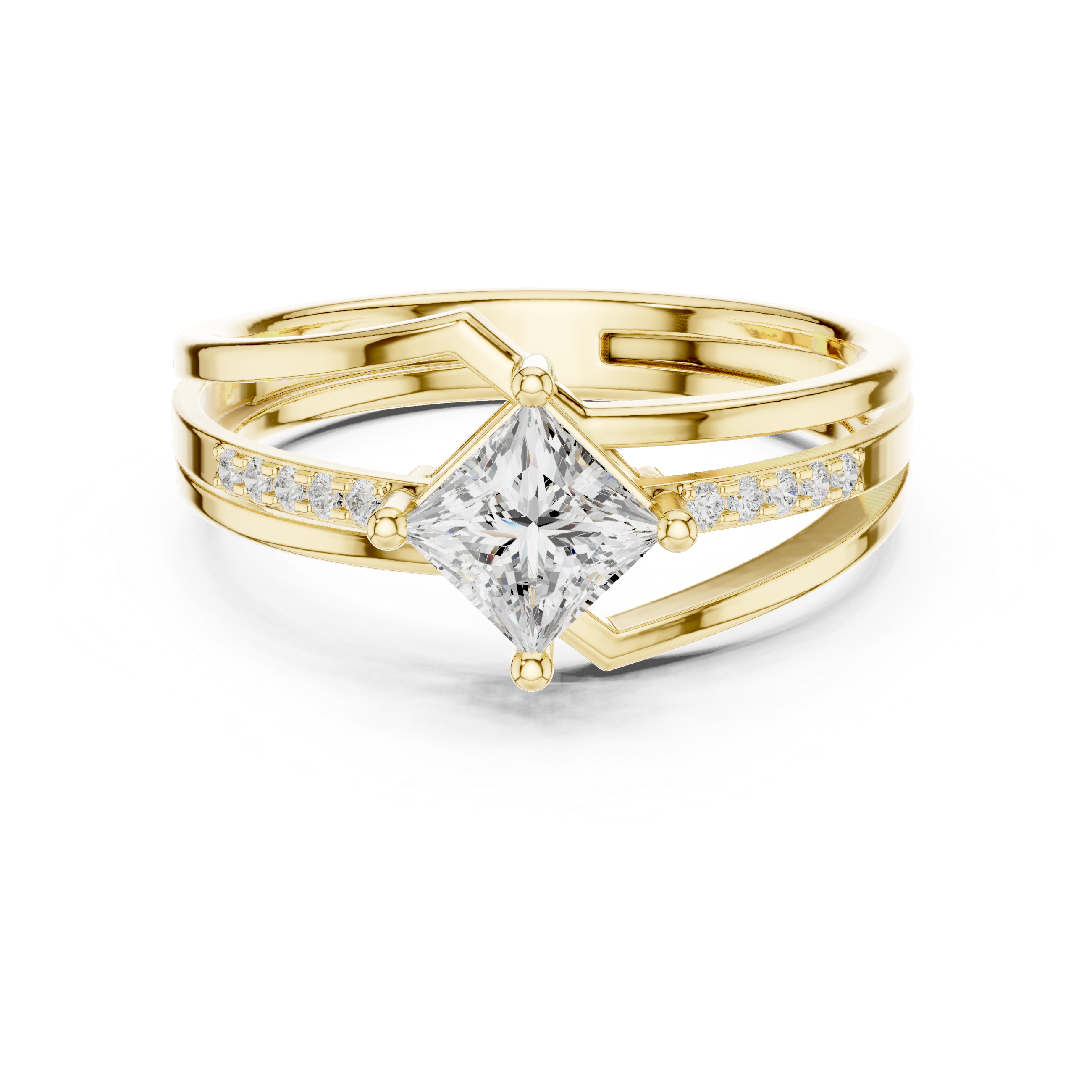 Gold ring with a diamond on a white background