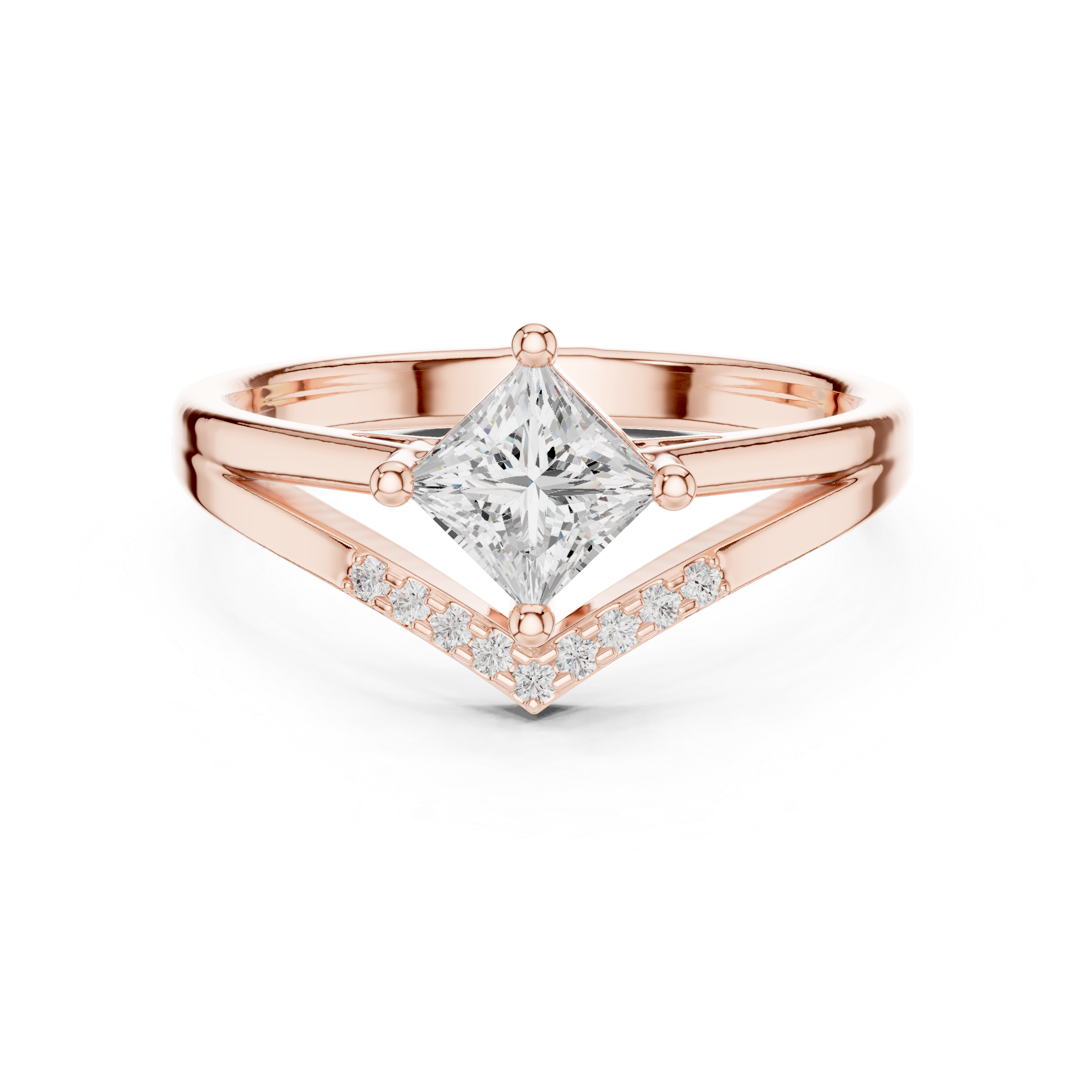 Rose gold ring with a central diamond and smaller diamonds on a white background