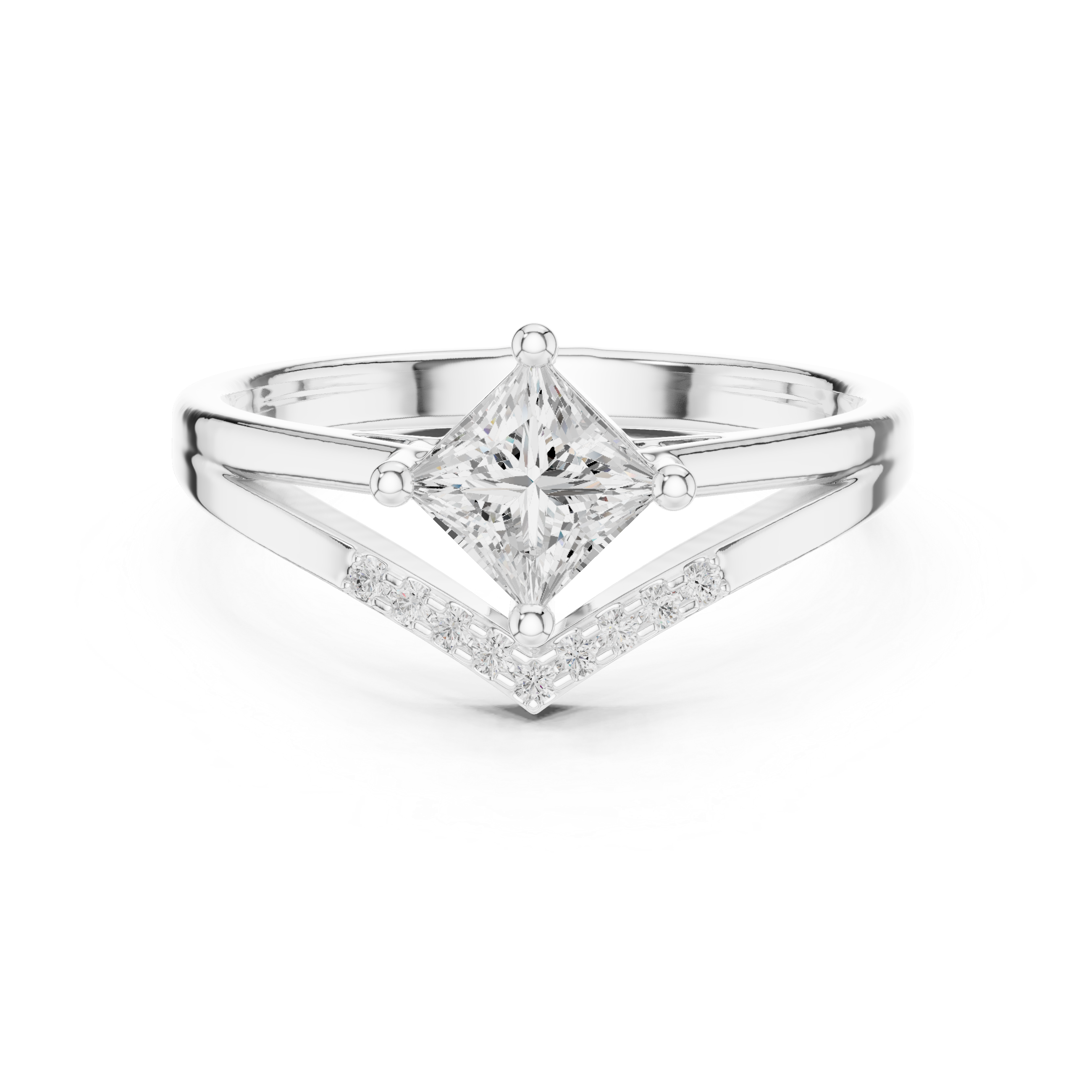 Diamond ring with a princess-cut center stone on a white background