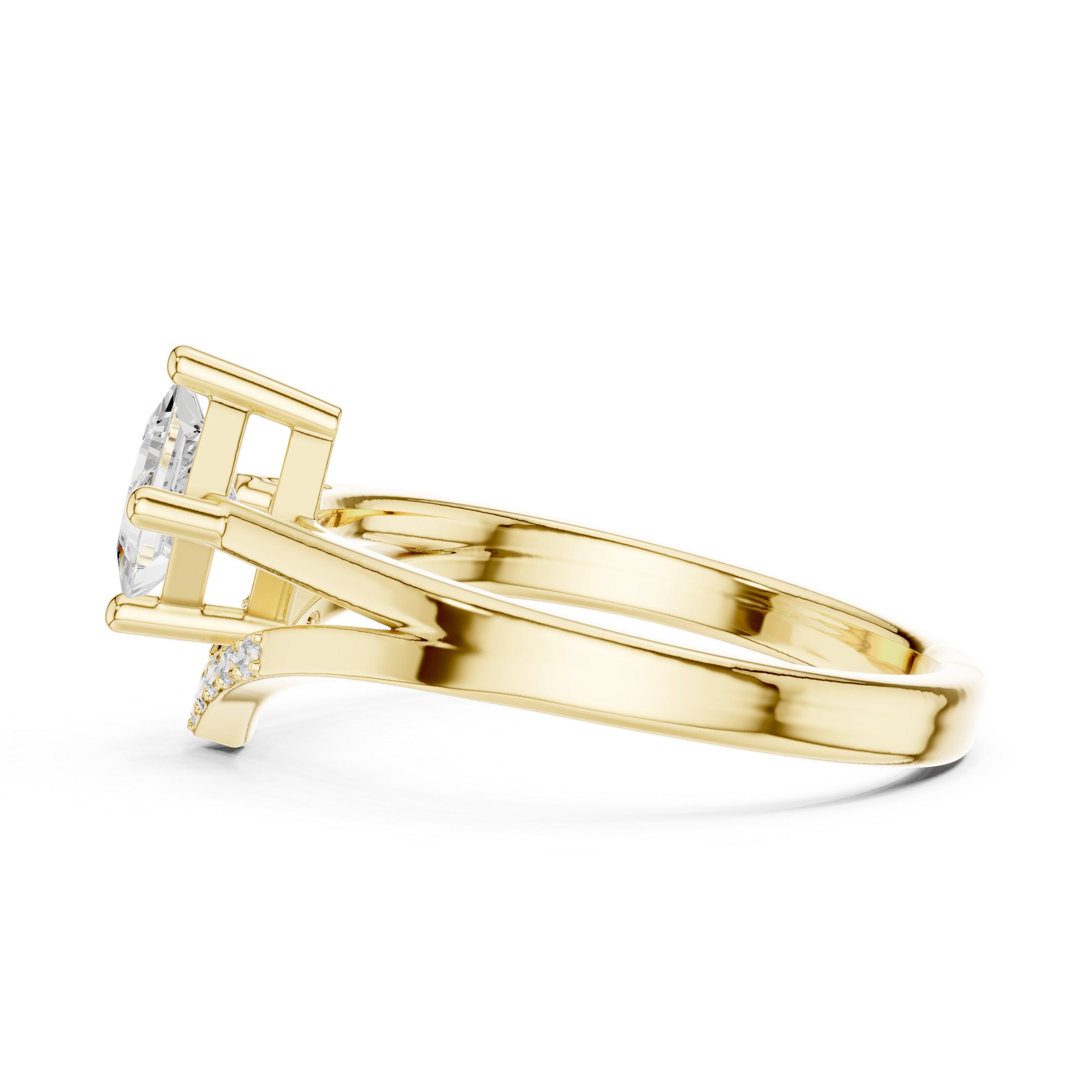 Gold ring with diamond accents on a white background