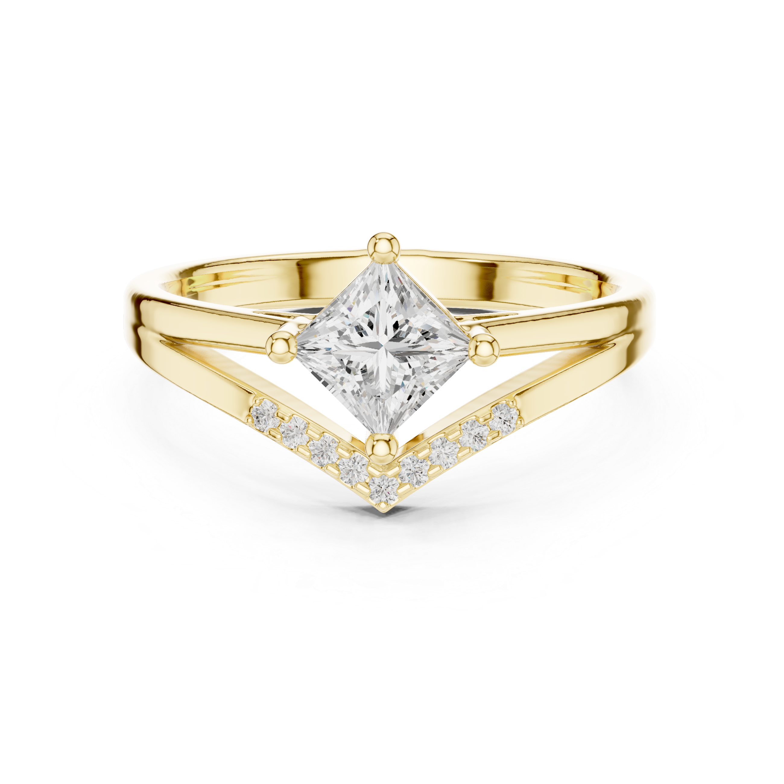 Gold ring with a central diamond and smaller diamonds on a white background