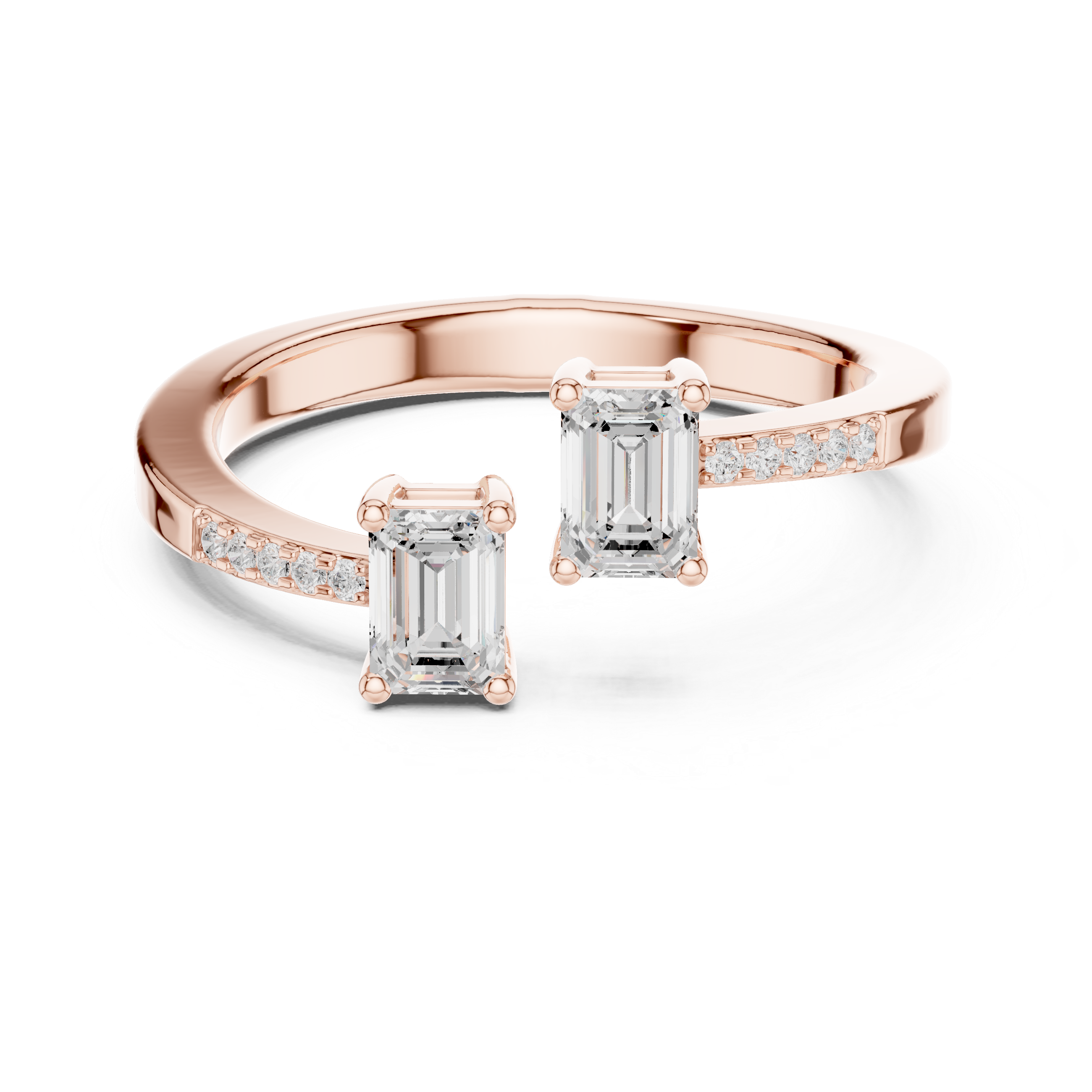 Rose gold ring with emerald-cut diamonds on a white background