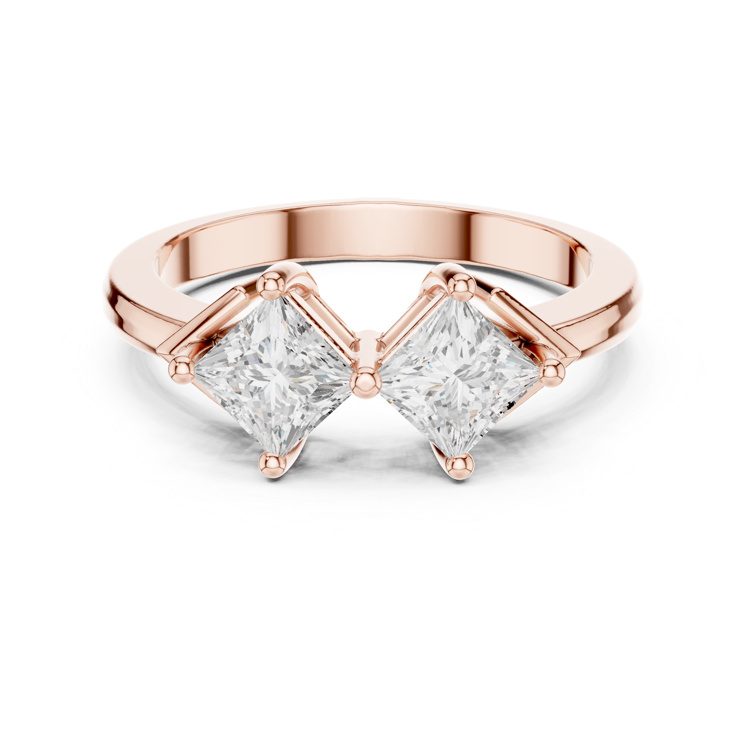 Rose gold ring with two clear gemstones on a white background