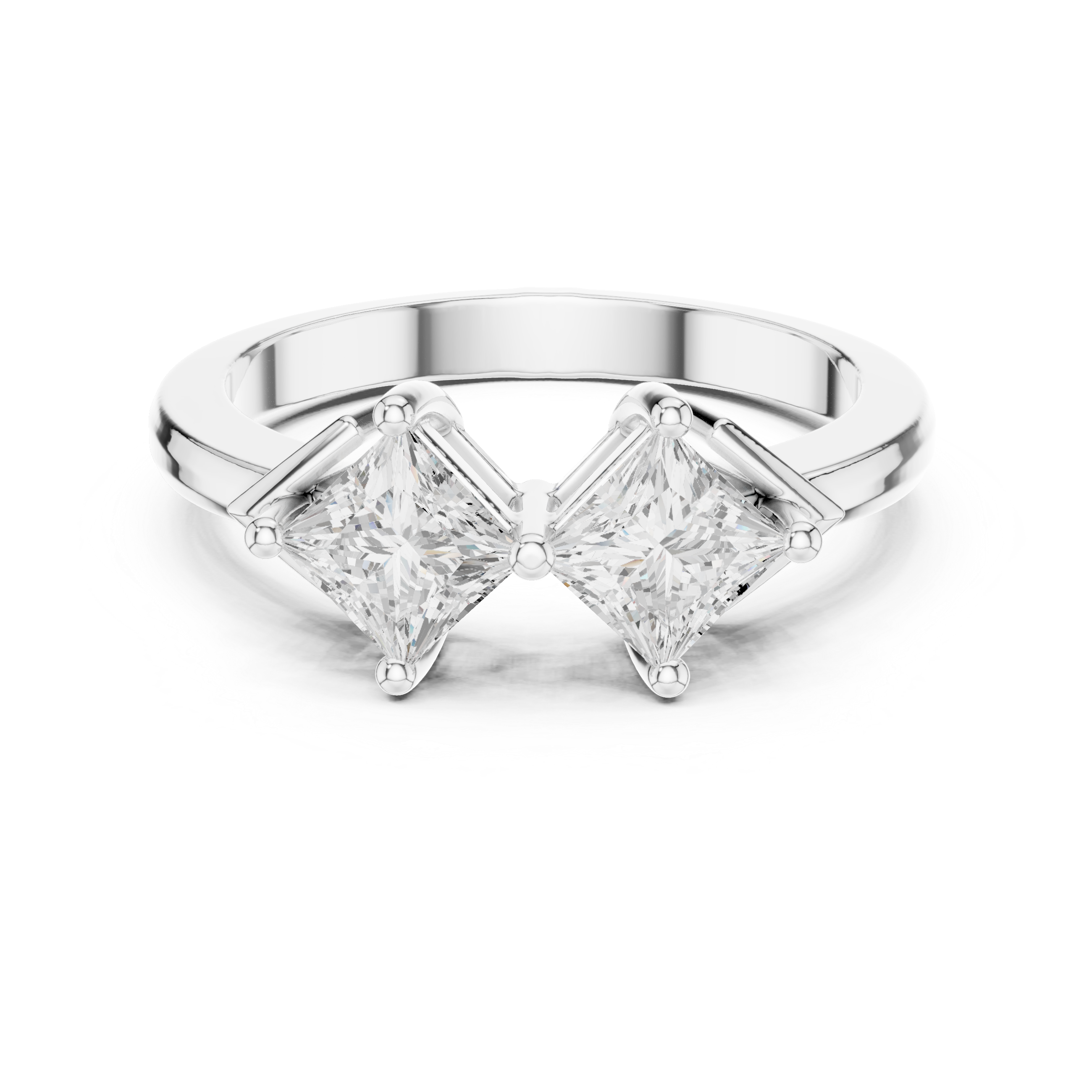 Silver ring with two prominent diamonds on a white background