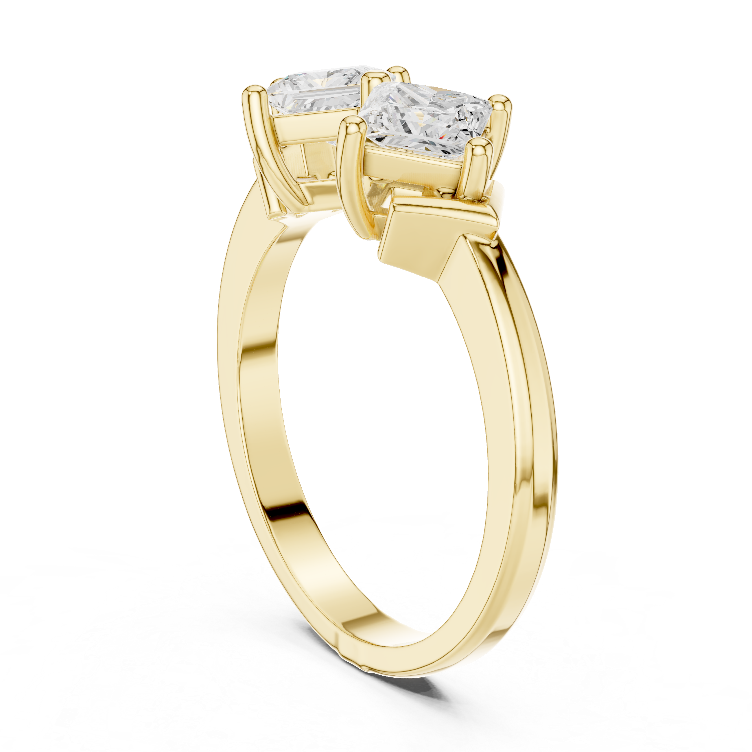 Gold ring with two diamonds on a white background