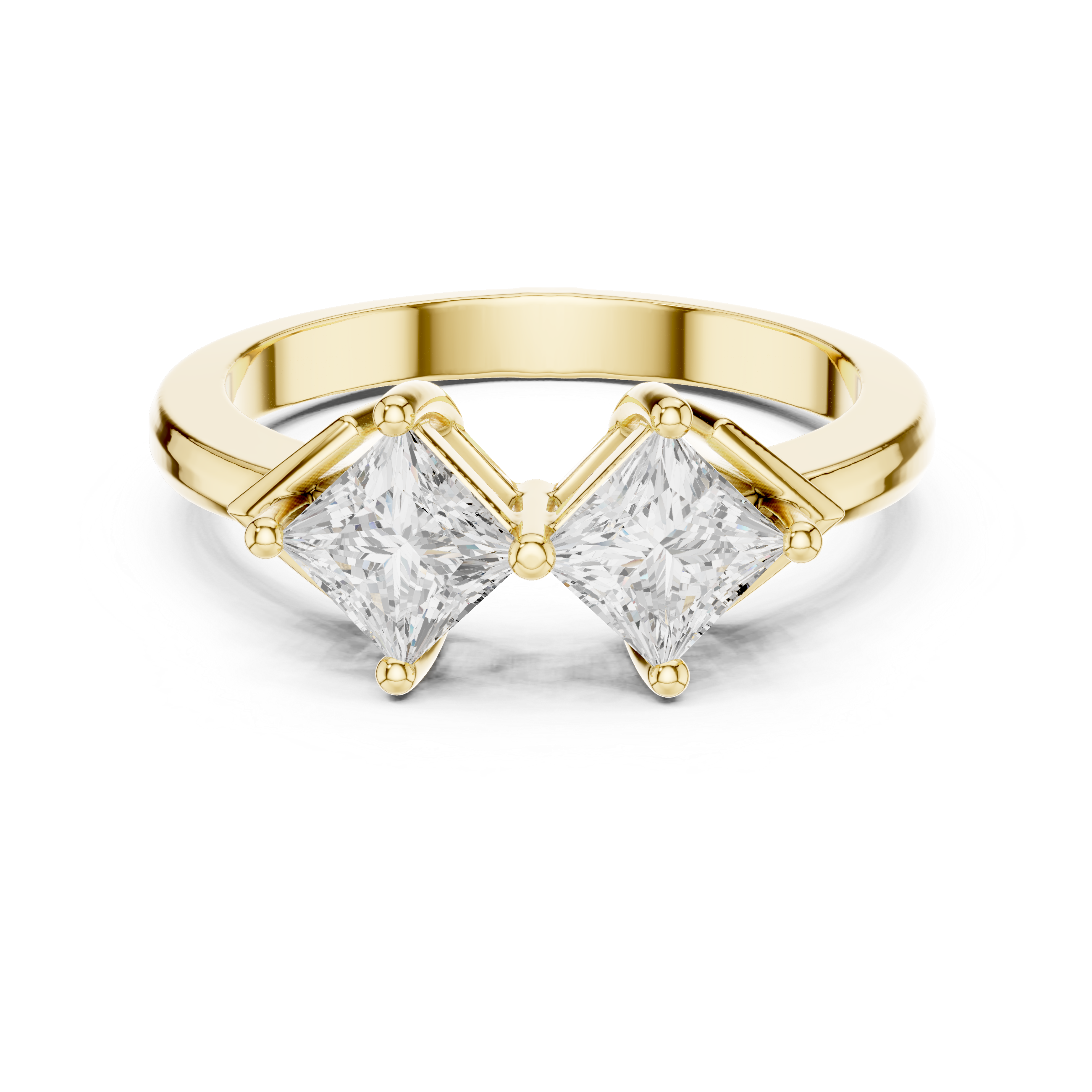 Gold ring with two clear gemstones on a white background